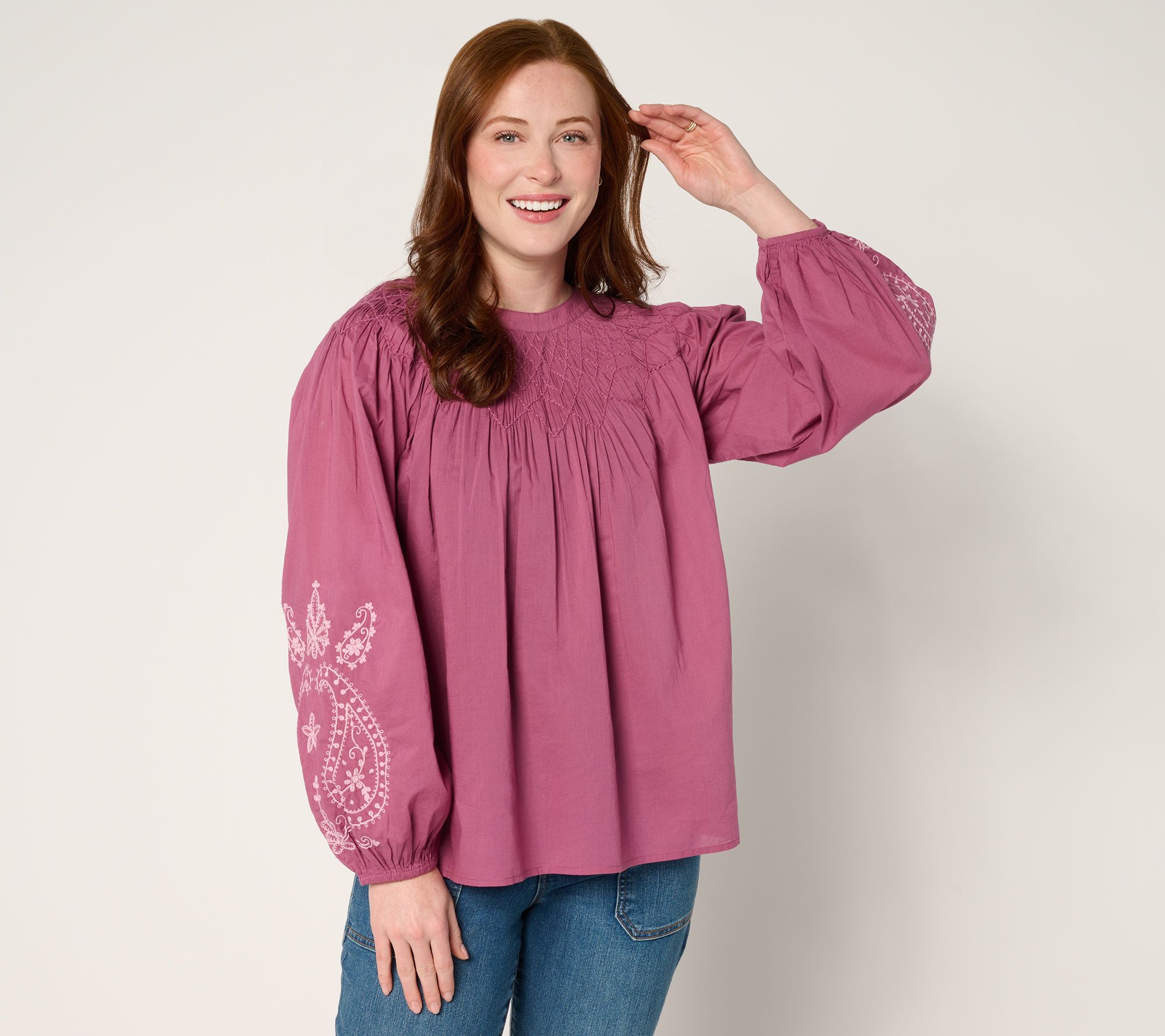 "As Is" LOGO Lavish by Lori Goldstein 100% Cotton Smocked Blouse