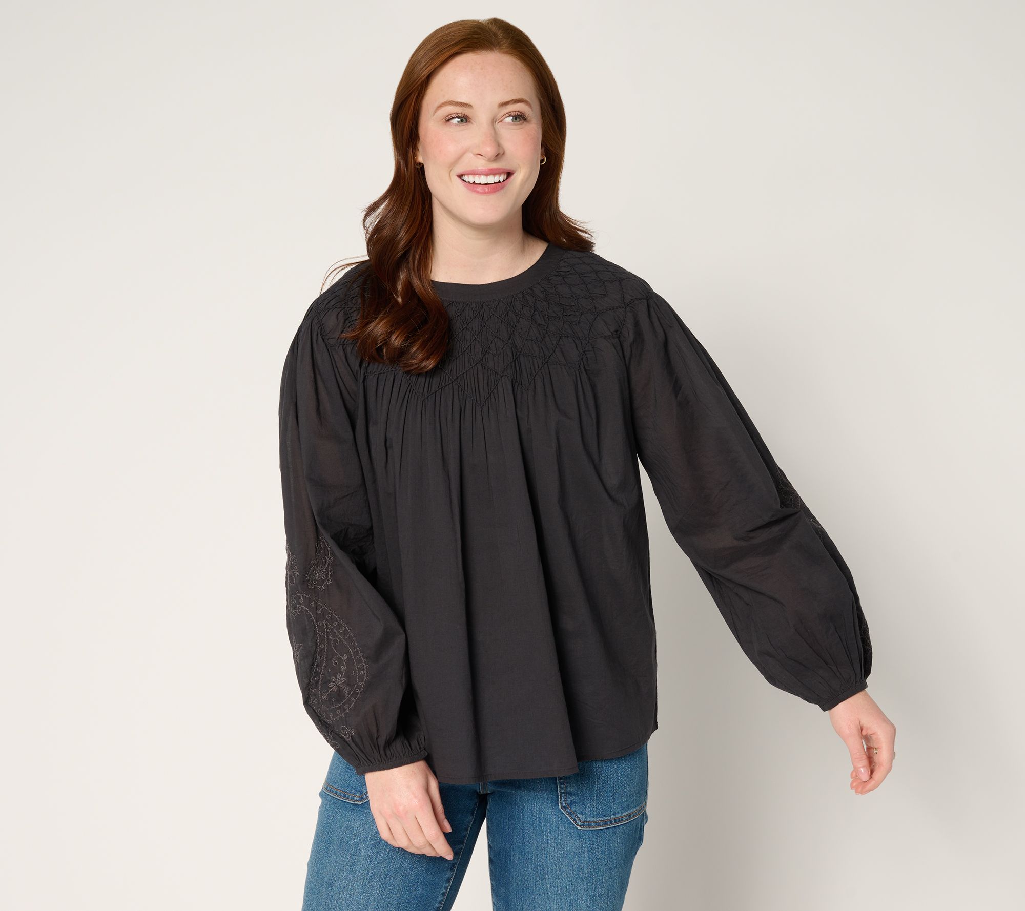 "As Is" LOGO Lavish by Lori Goldstein 100% Cotton Smocked Blouse