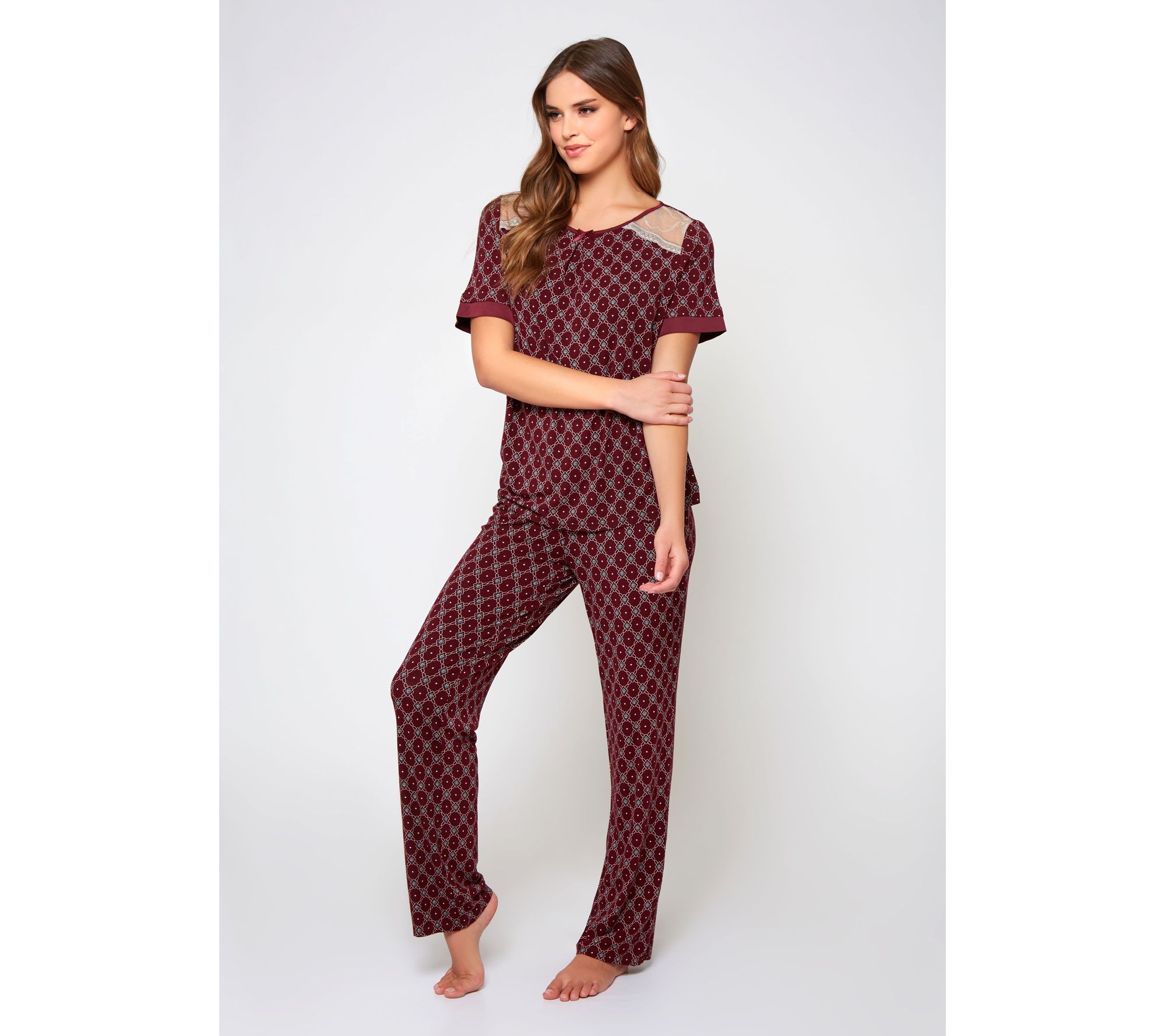 iCollection Printed Tee & Pant PJ Lounge Set with Lace Detail