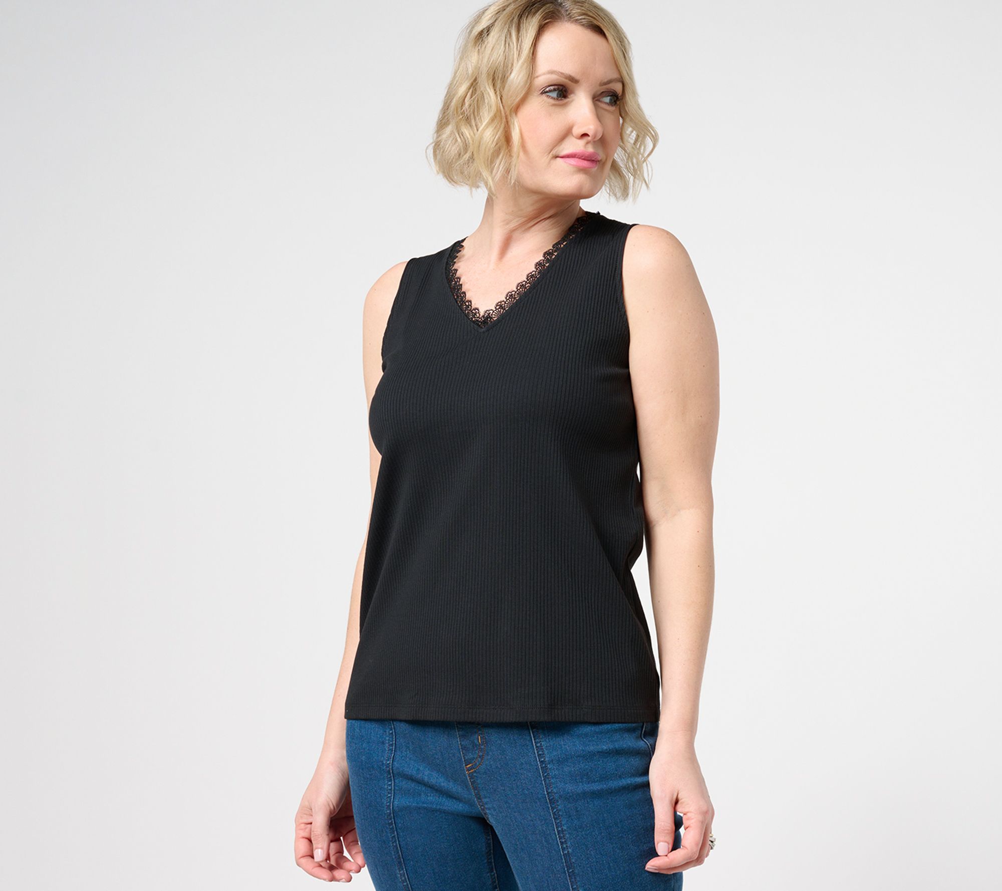 "As Is" Isaac Mizrahi Live! Rib Knit Tank Top w/ Lace Trim