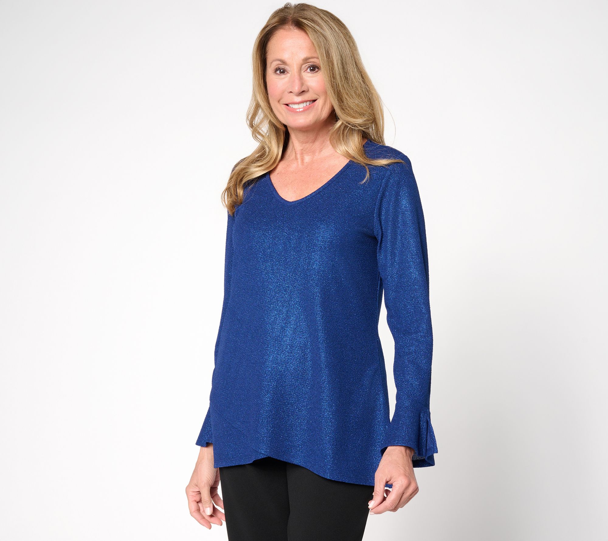 Susan Graver Regular Metallic Knit Top with Ruffle Sleeves