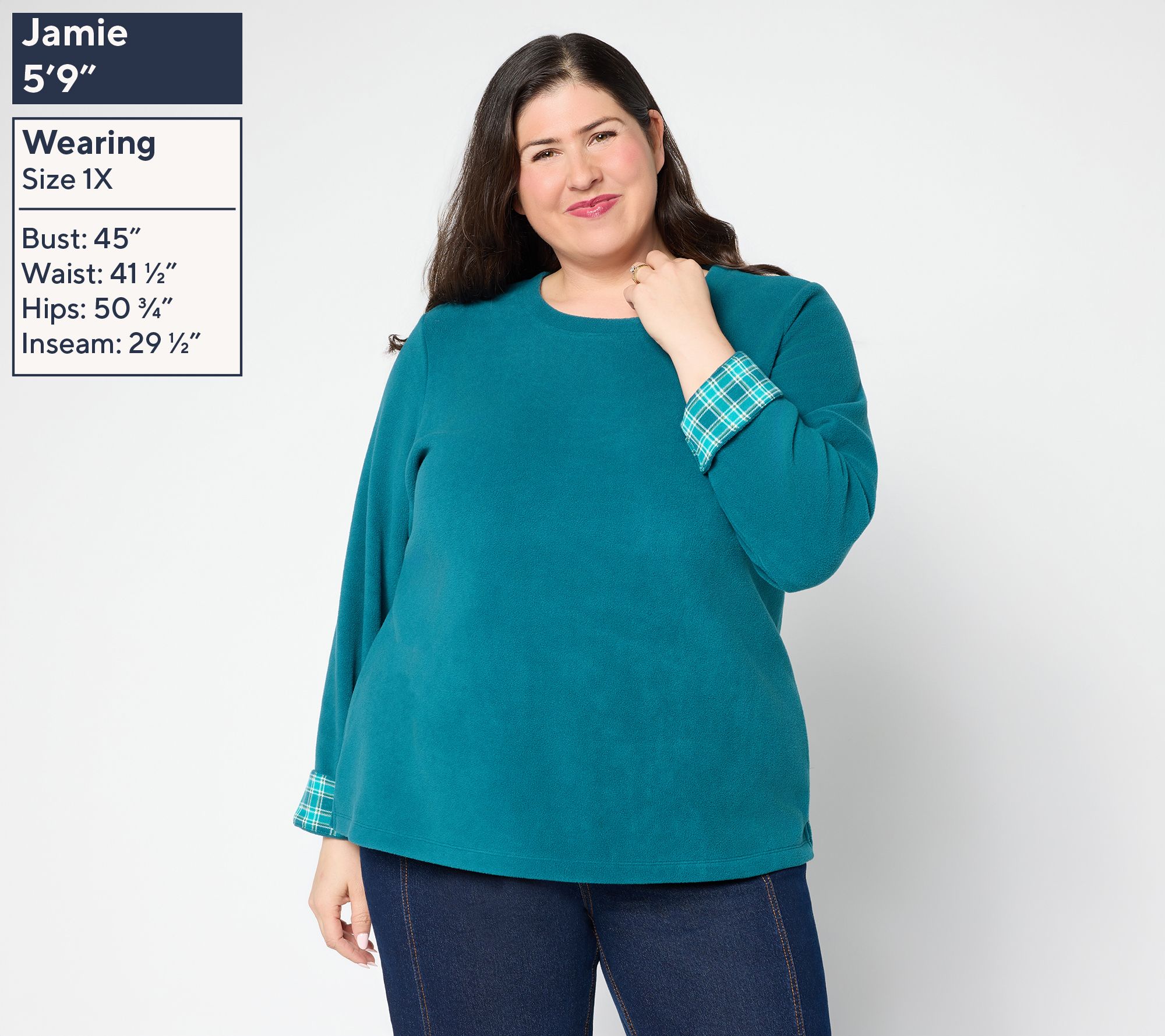 Denim & Co. Fleece Top with Plaid Accents - QVC.com