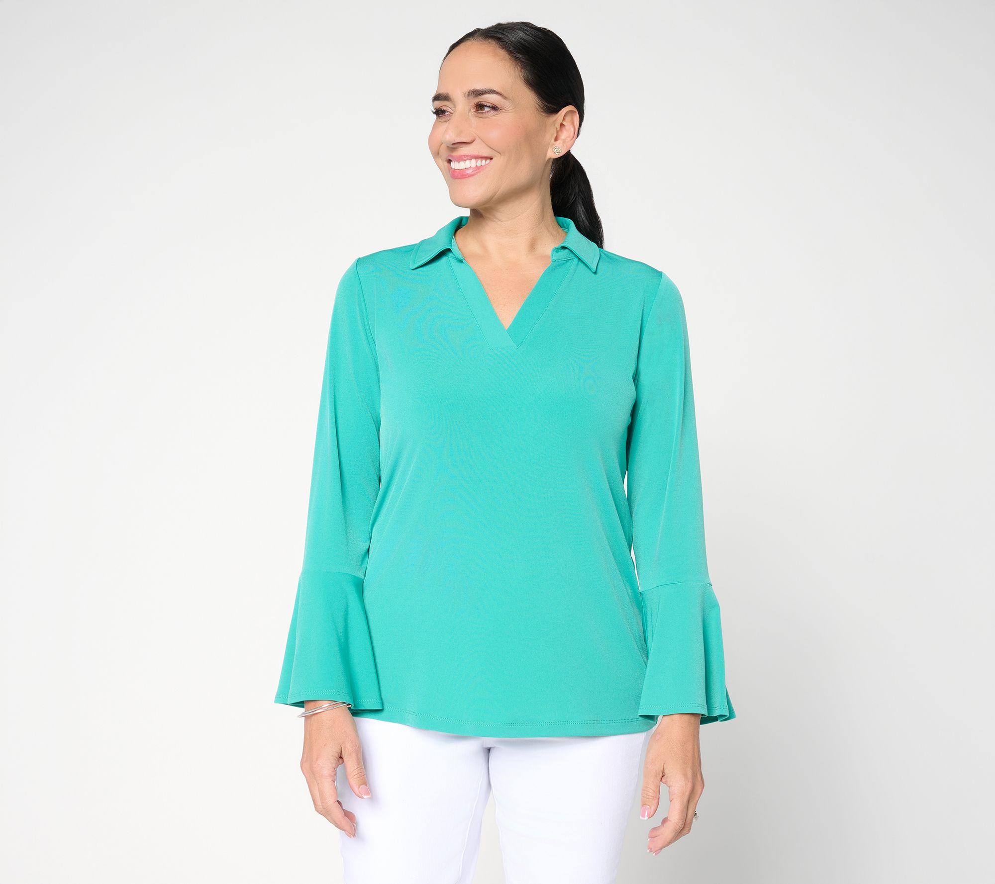 Susan Graver Liquid Knit Split Neck Bell Sleeve Tunic