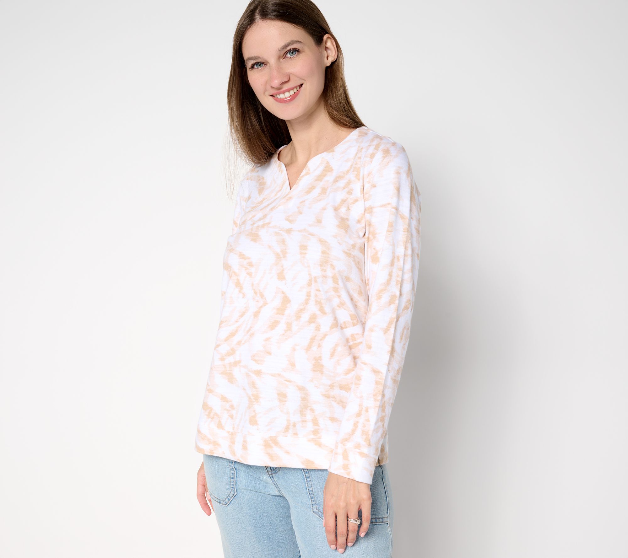 "As Is" Denim & Co. Active Printed Texture Cotton Split Neck Pullover