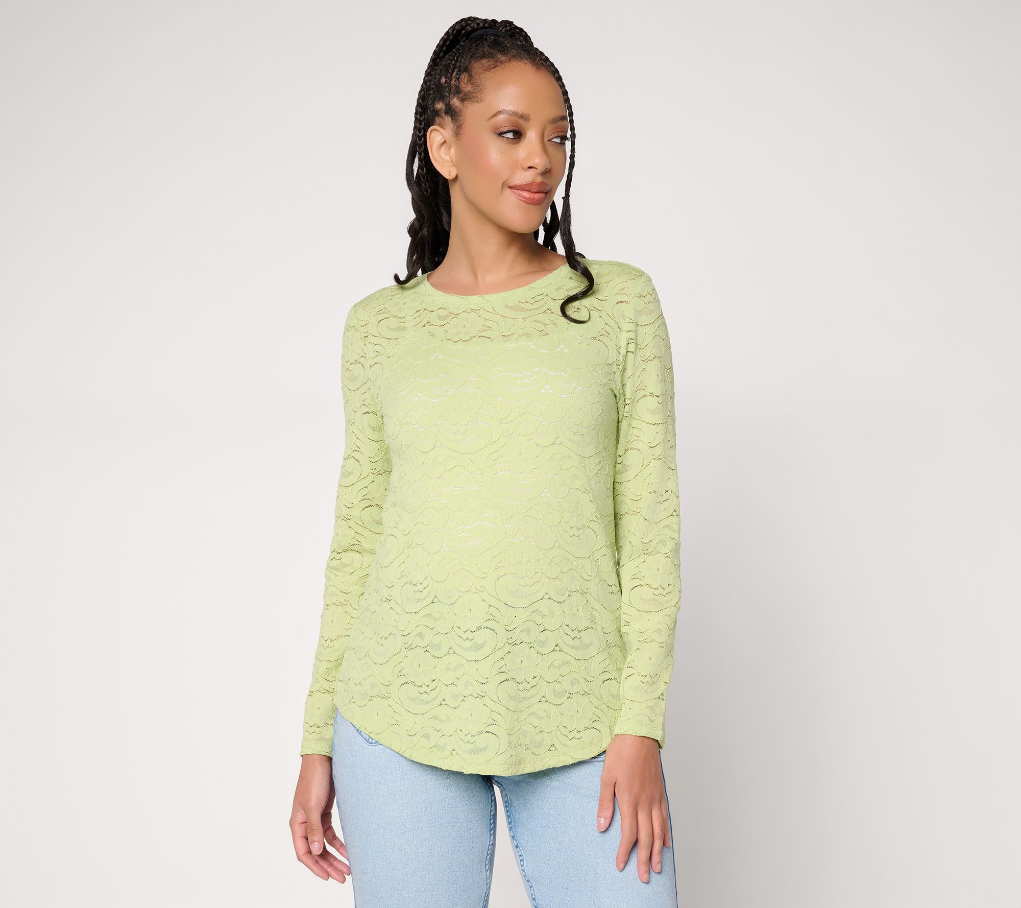  LOGO Layers by Lori Goldstein Floral Lace Curved Hem Top