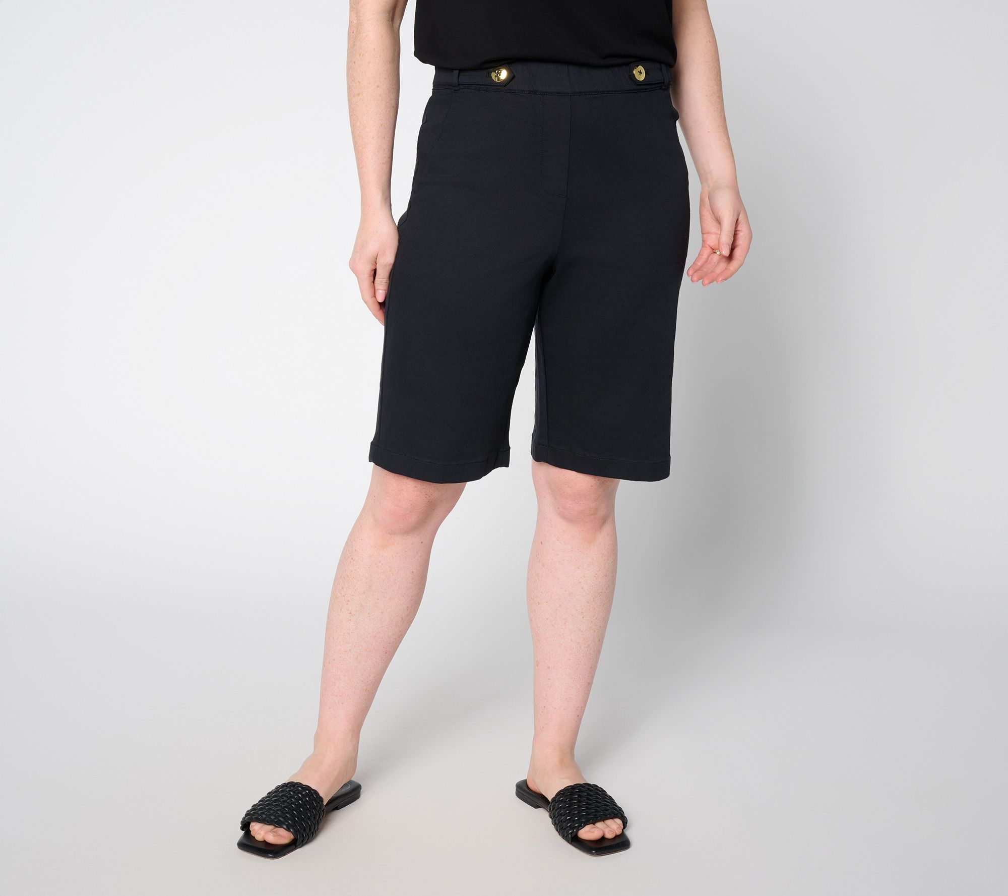 Susan Graver Weekend Petite Stretch Cotton Bermuda Shorts w/ Tab Detail