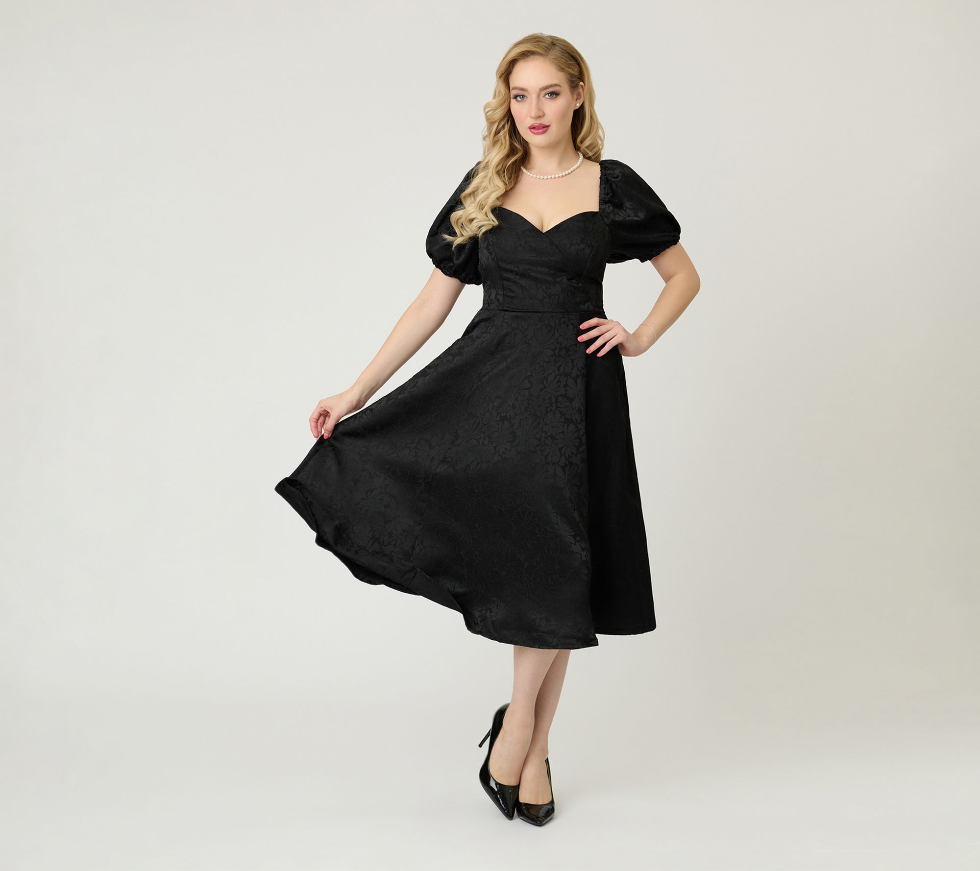 Unique Vintage Black Floral Jacquard SweetheartSwing Dress
