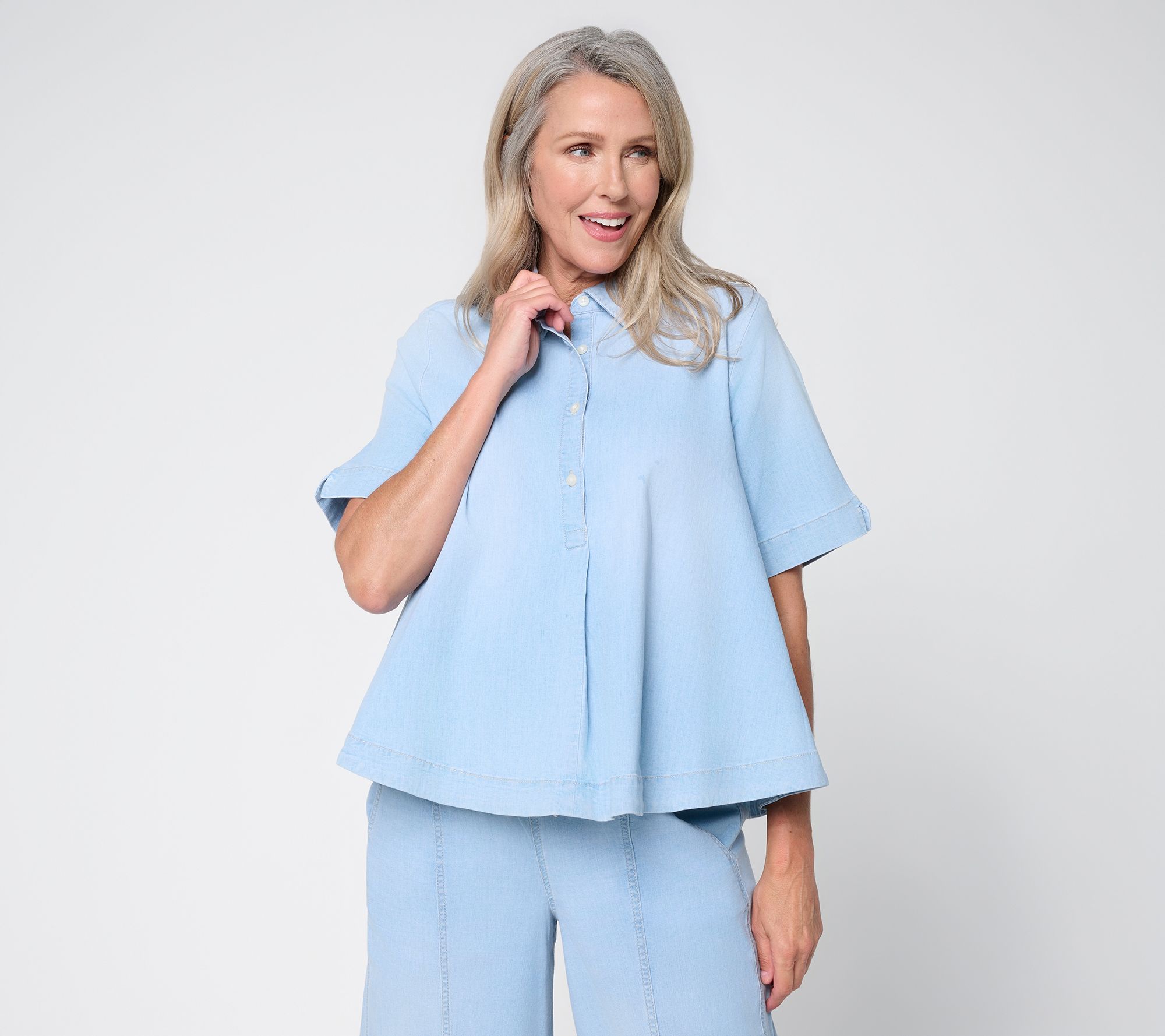  Carla Rockmore Collection Flared Stretch Denim Polo Shirt