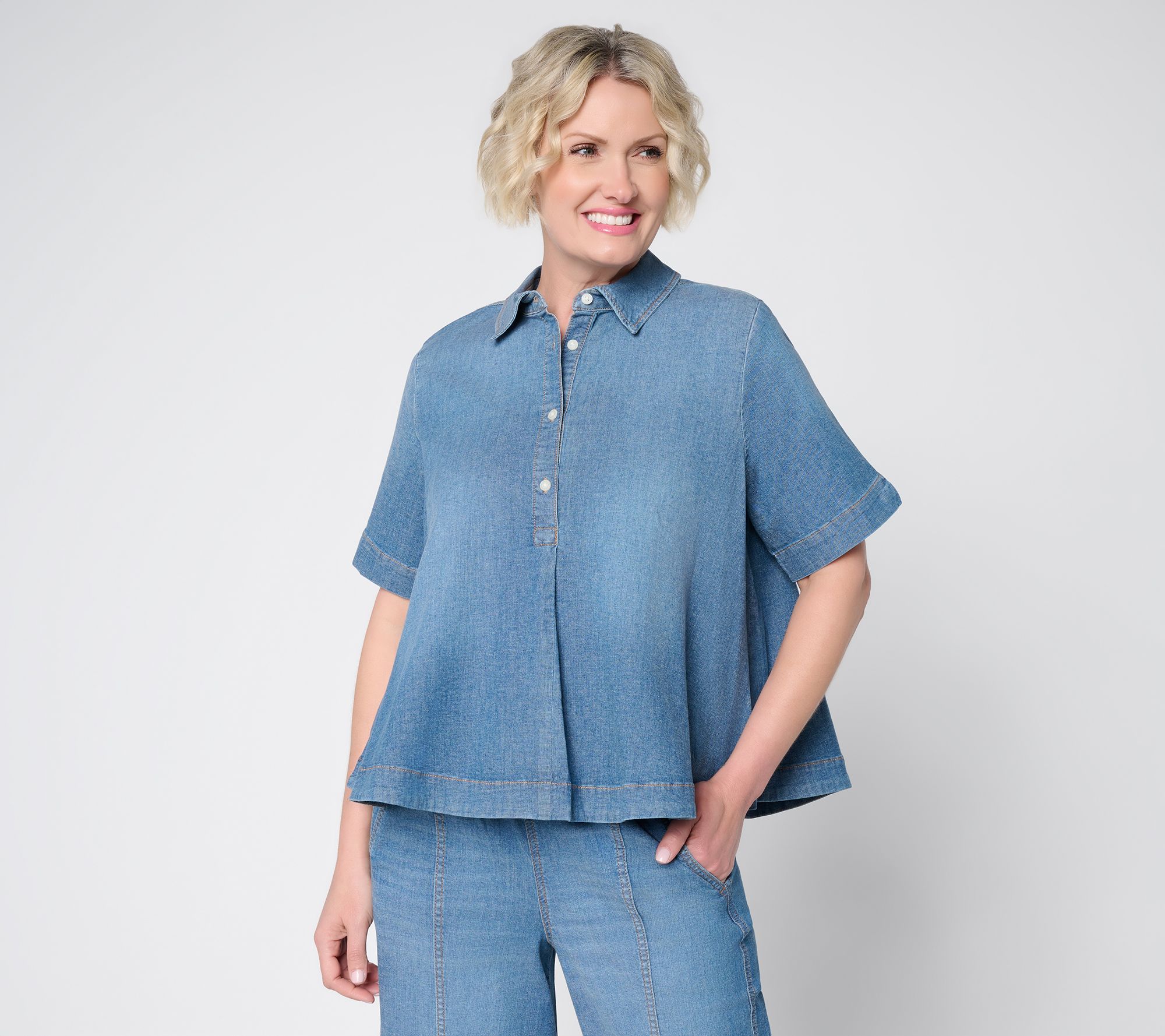 Carla Rockmore Collection Flared Stretch Denim Polo Shirt