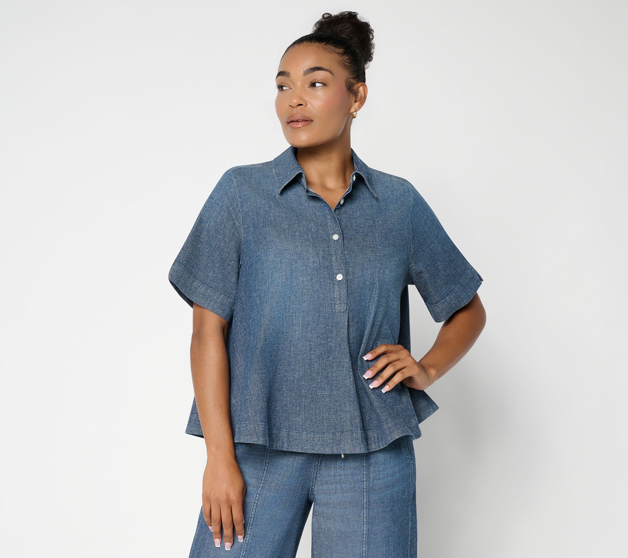 Carla Rockmore Collection Flared Stretch Denim Polo Shirt