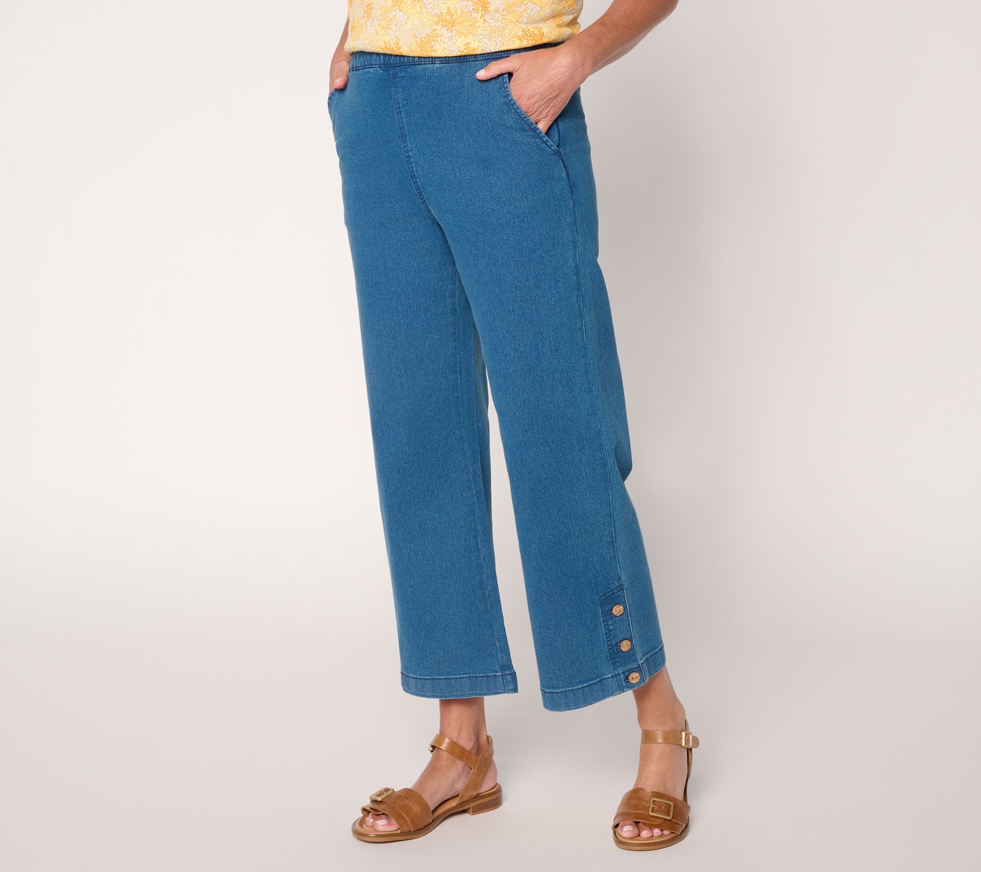 Denim & Co. Regular Indigo Flat Front Capris Pants w/ Hem Detail