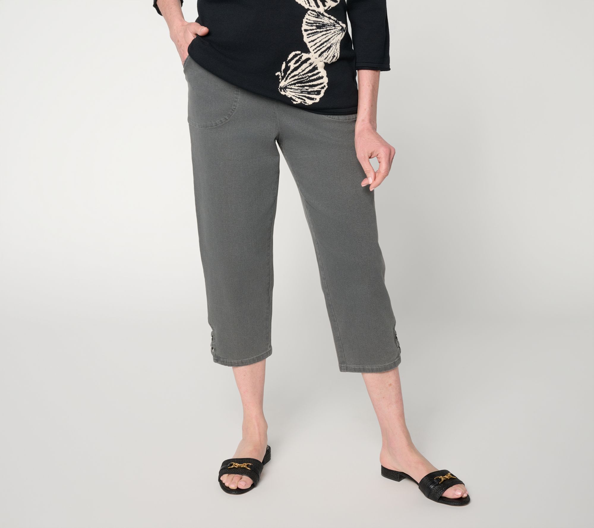 Denim & Co. Regular Black Flat Front Capris Pants w/ Lattice Hem