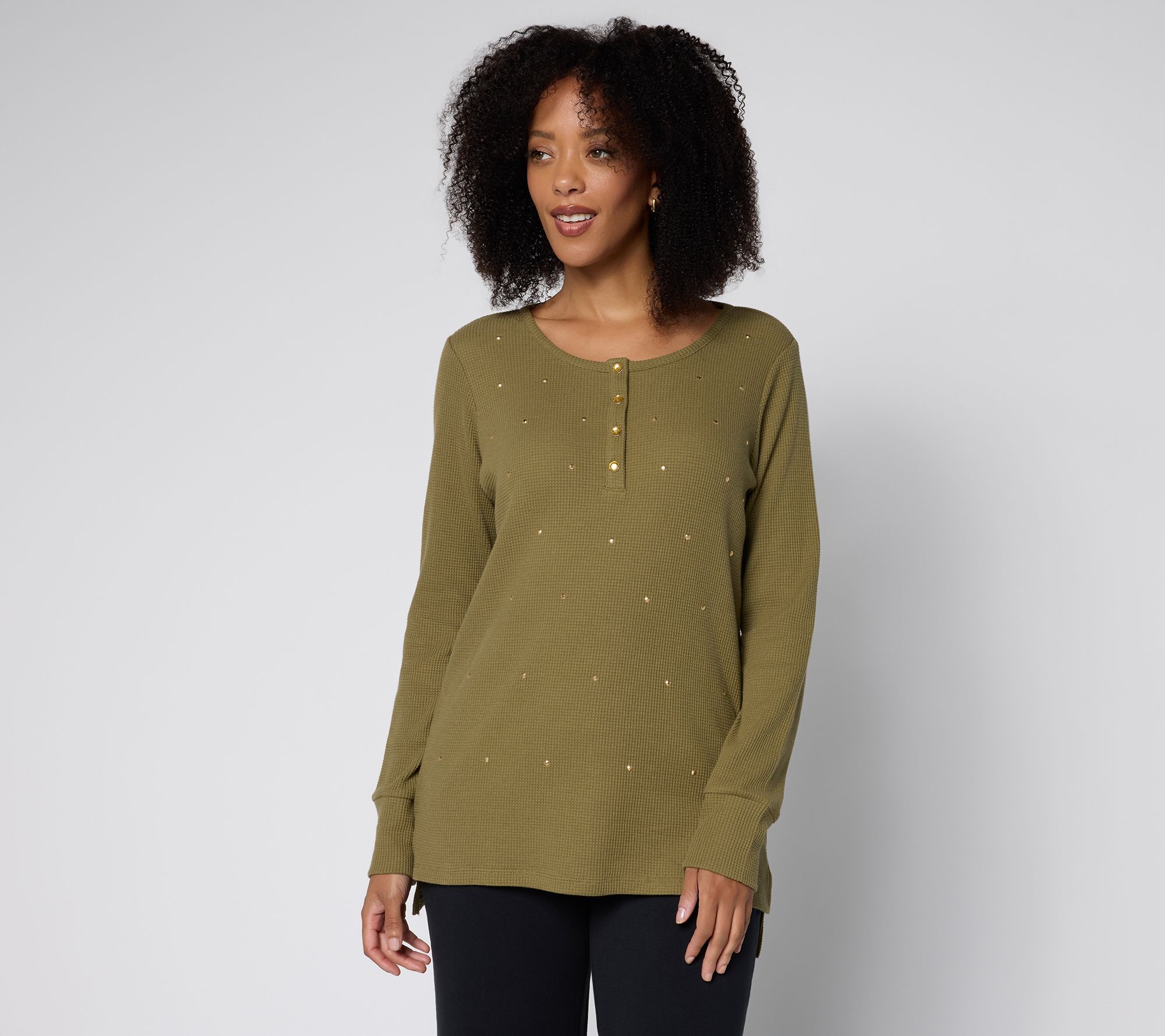 "As Is" Quacker Factory Sparkle and Shine Baby Waffle Snap Henley