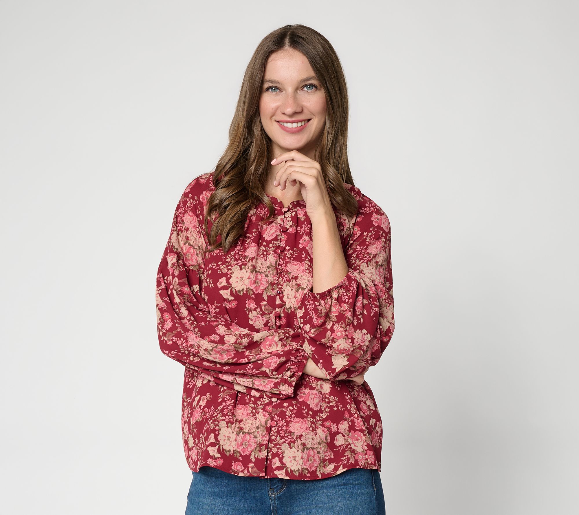 Me by Jennie Garth Printed Blouse with Shirred Sleeve