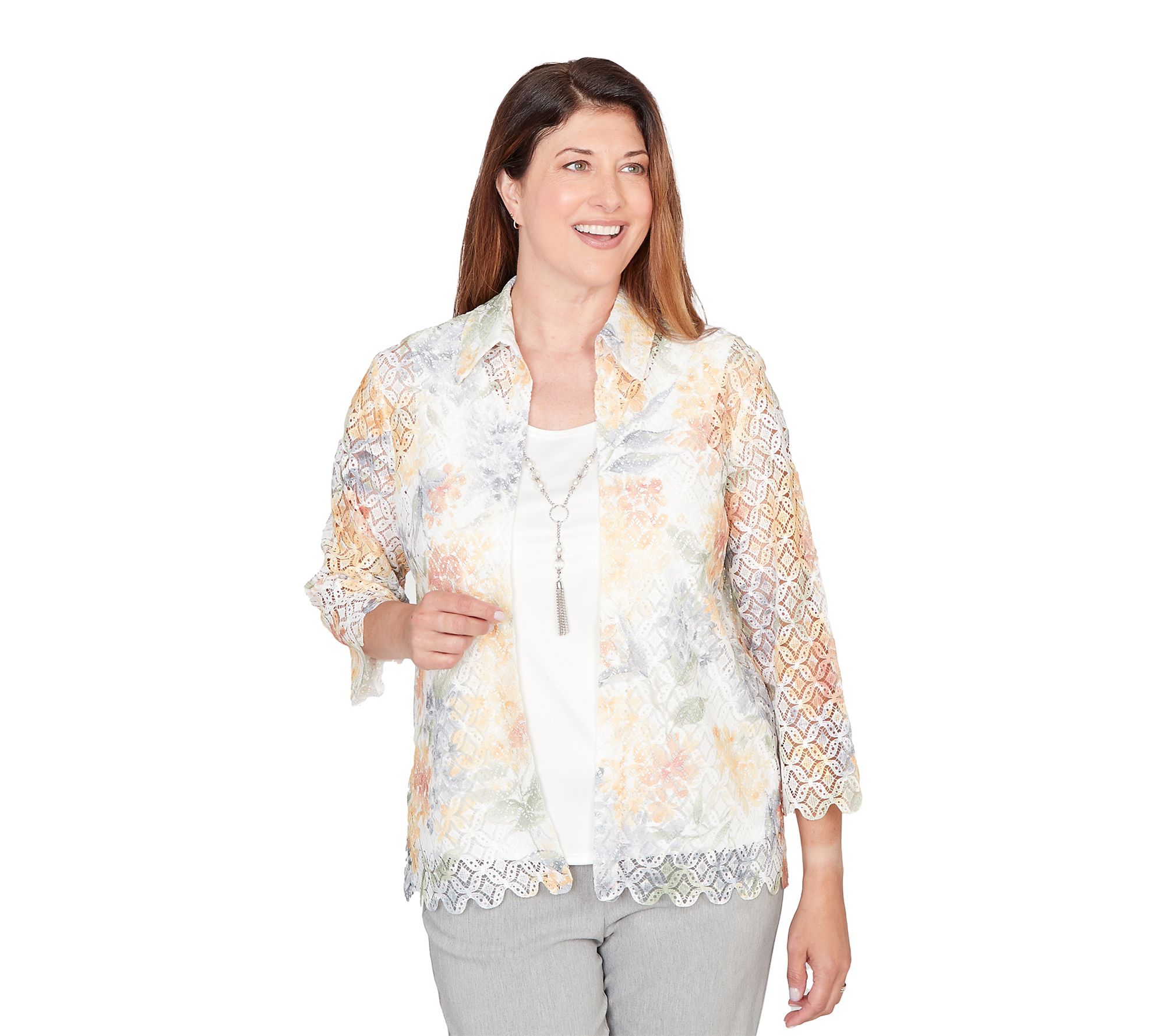 Alfred Dunner Petite Lace Floral Two in One Topwith Necklace