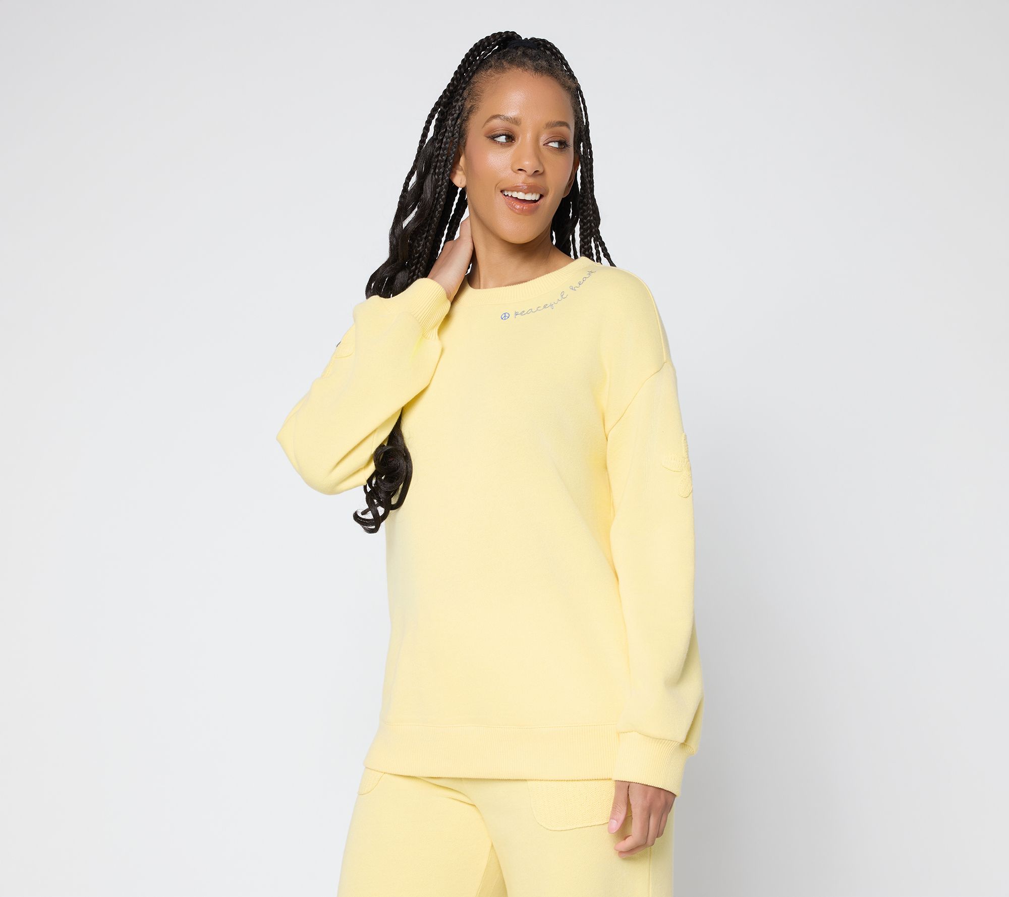 "As Is" Peace Love World French Terry Sweatshirt with Crochet Detail