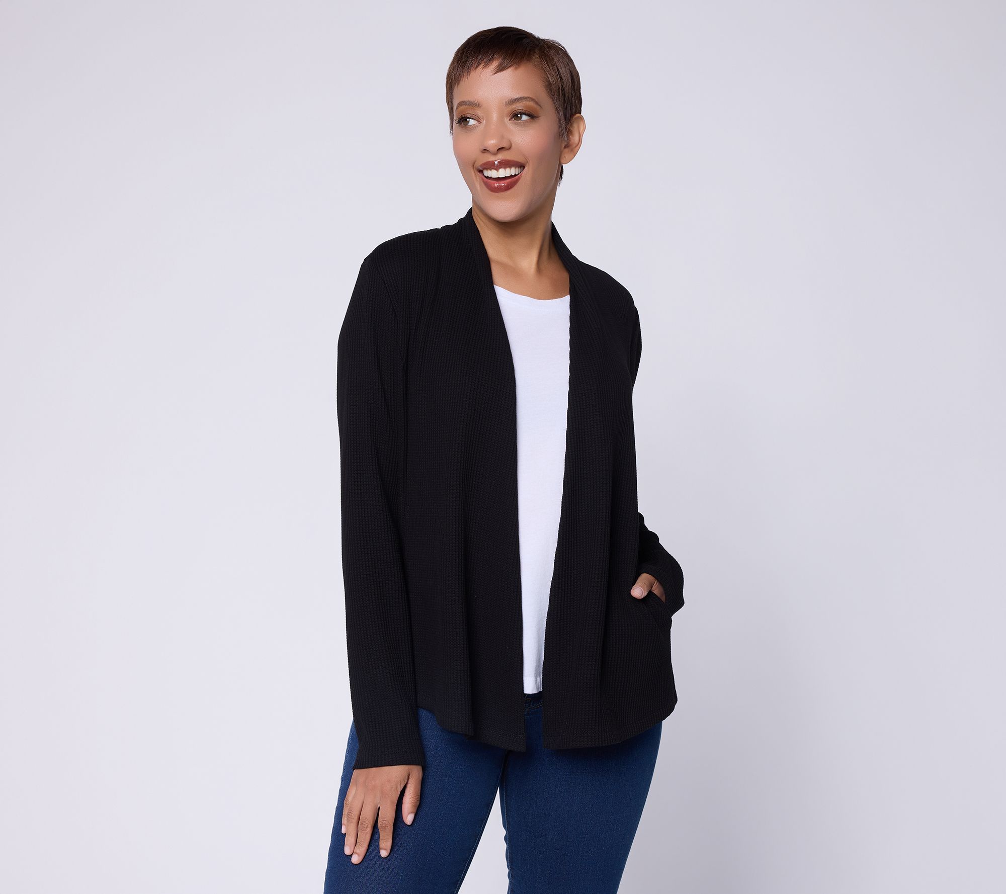"As Is" Susan Graver Weekend Waffle Knit Drape Front Cardigan