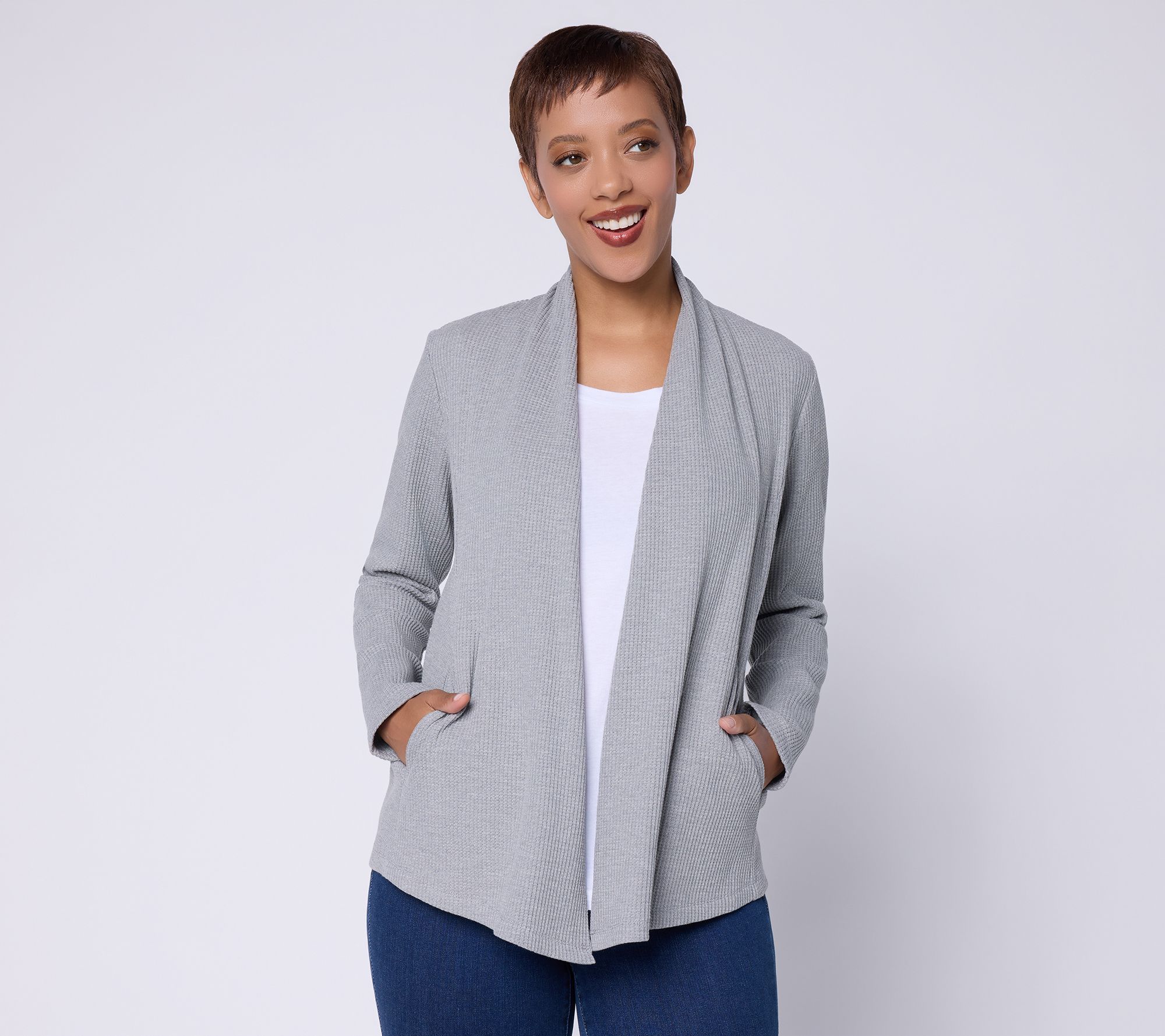 "As Is" Susan Graver Weekend Waffle Knit Drape Front Cardigan