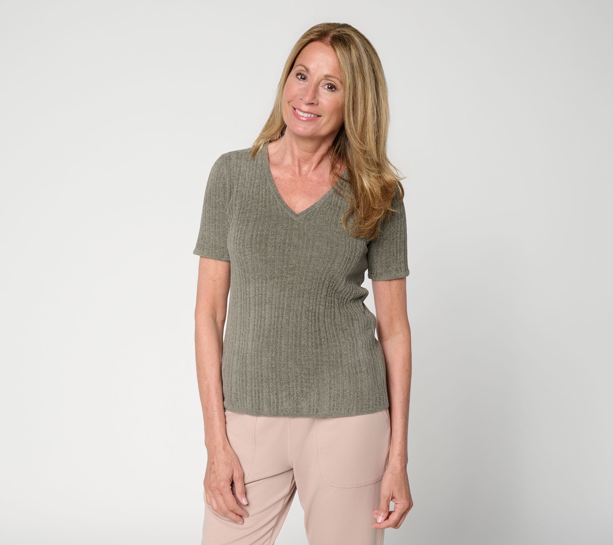 "As Is" Barefoot Dreams CozyChic Ultra Lite Ribbed V-Neck Tee
