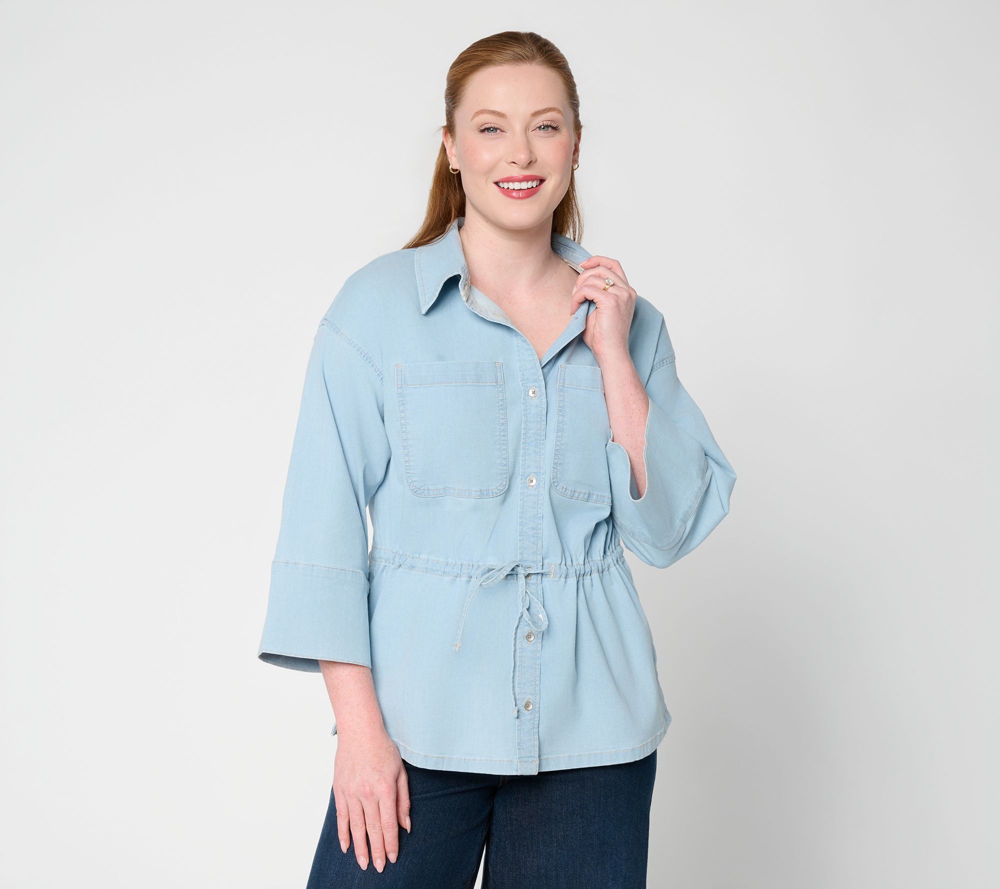 "As Is" Peace Love World Cinched Waist Button Up Elbow Sleeve Top