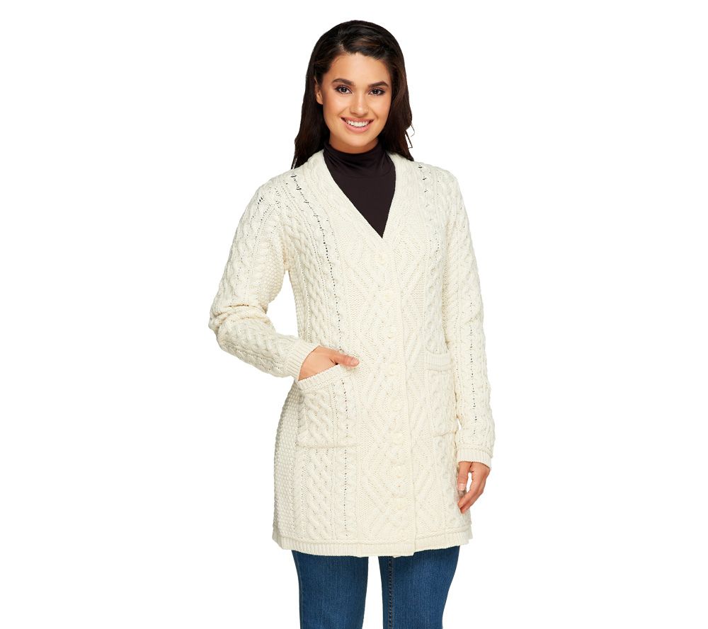 Aran Craft Merino Wool Long Boyfriend Button Front Cardigan