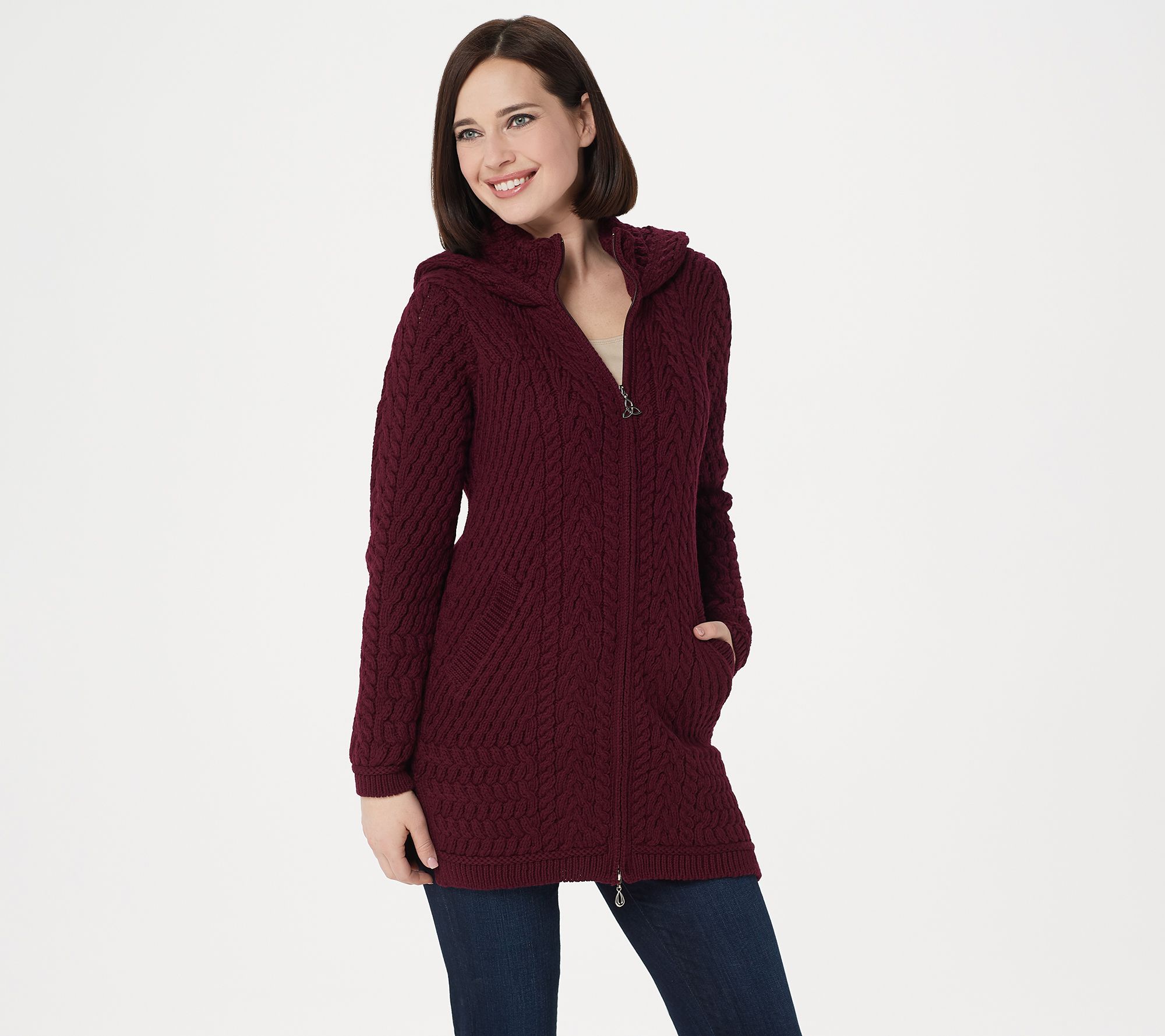 Aran Craft Merino Wool Zip-Front Hooded Sweater Cardigan - QVC 