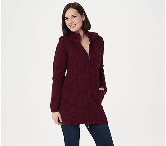 Aran Craft Merino Wool Zip-Front Hooded Sweater Cardigan
