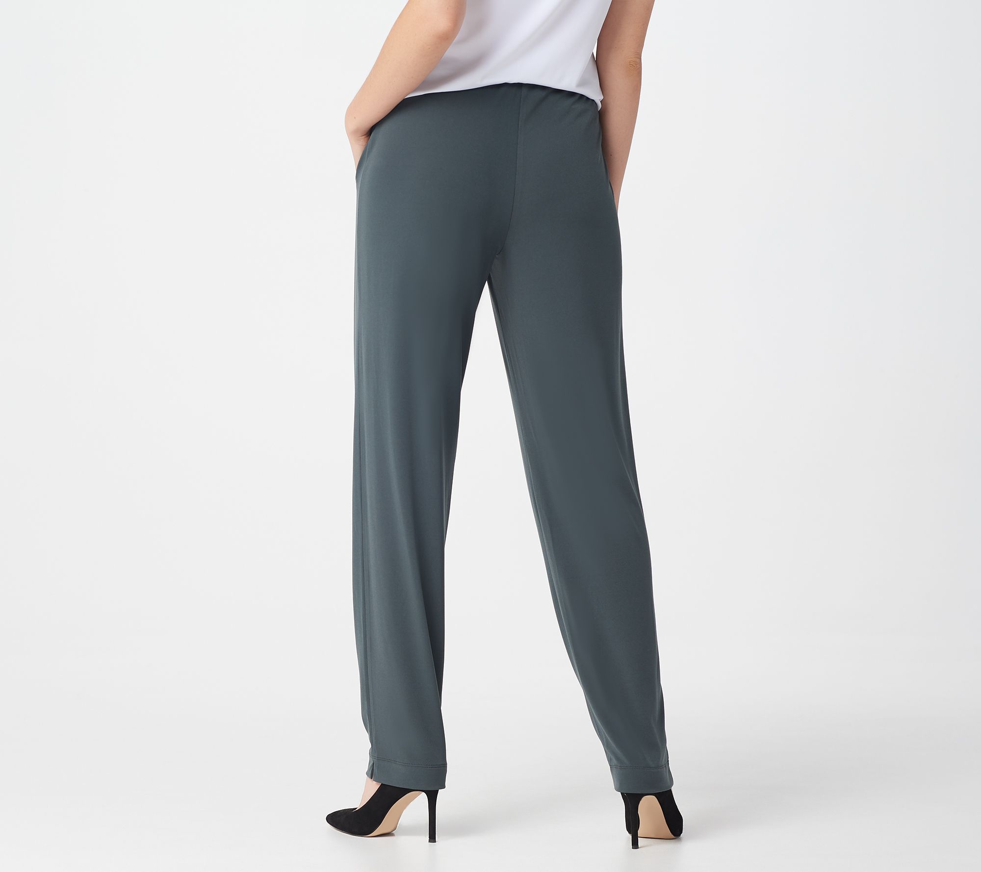 From Susan Graver. Fabrication: Milano knit: pants-weight knit that  maintains shape after wearing. Features: pull-on style, rear patch pockets.  Rise: at the waist. Fit: semi-fitted; follows the lines of the body with