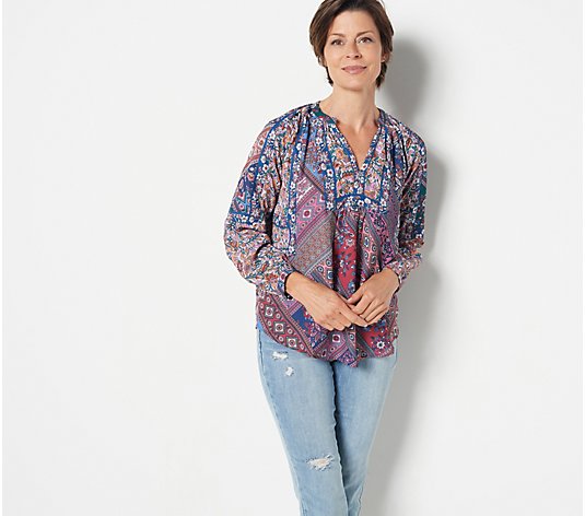 Tolani Collection Printed 3/4-Sleeve Top w/ Keyhole Back