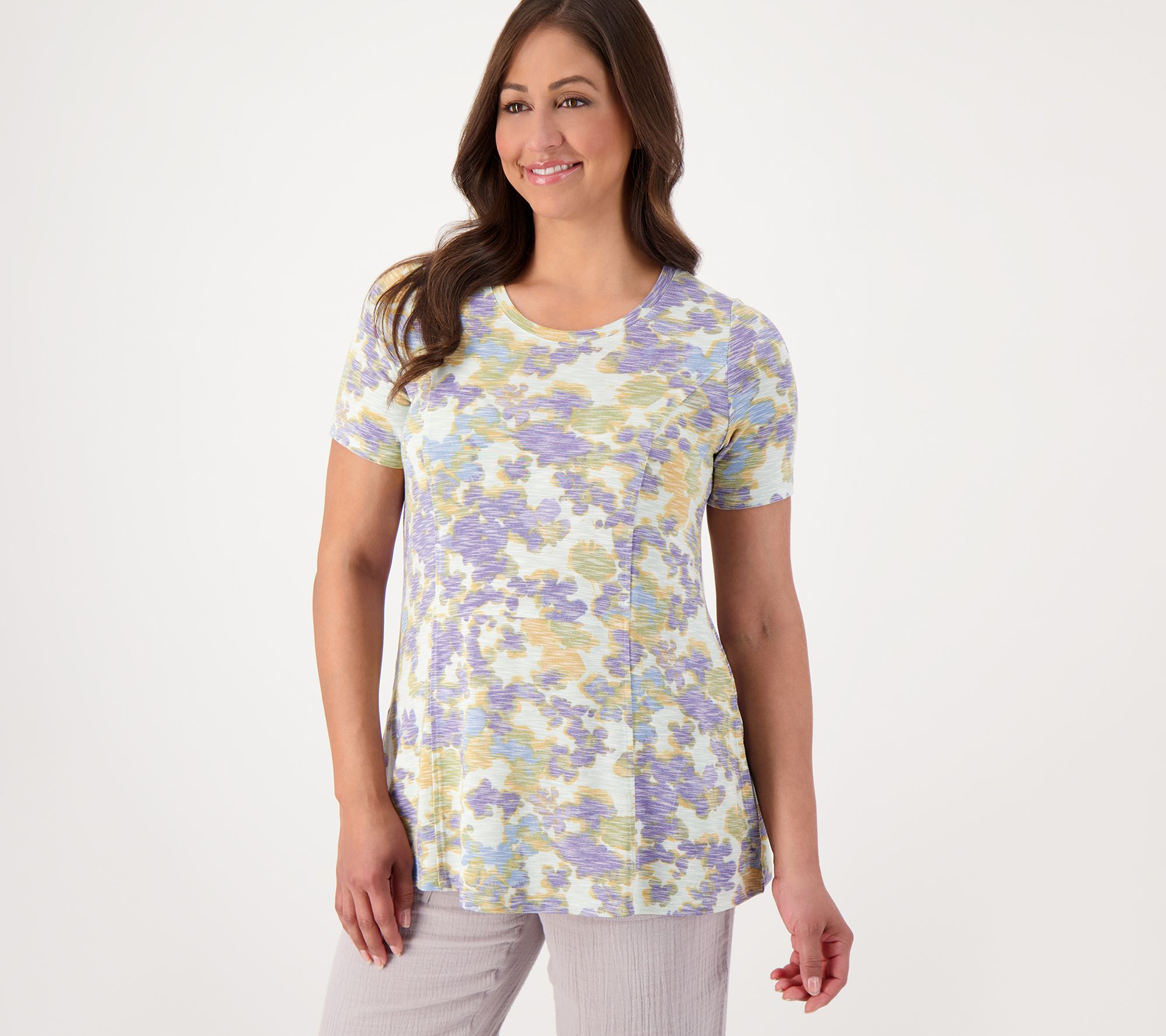 LOGO by Lori Goldstein Printed Slub Knit Short Sleeve Top