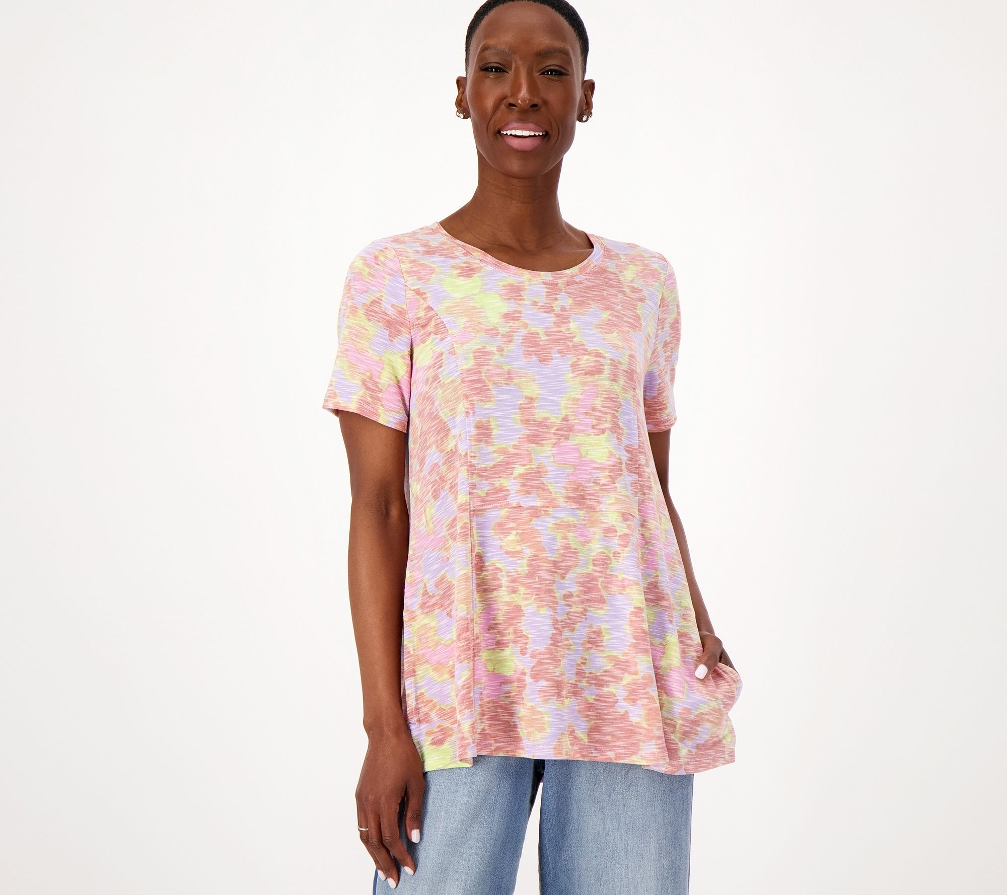 LOGO by Lori Goldstein Printed Slub Knit Short Sleeve Top