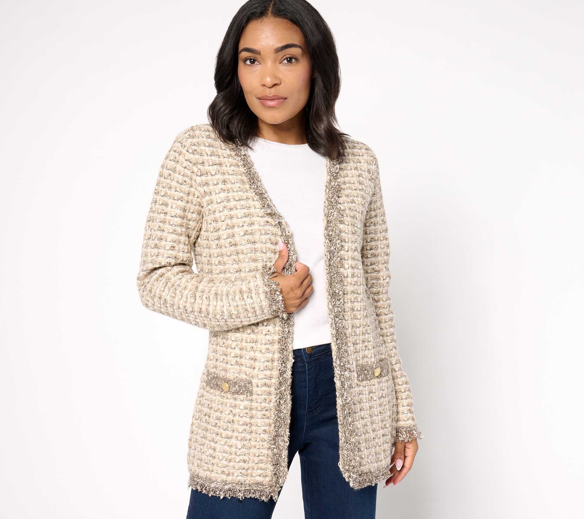 Isaac Mizrahi Live! Fringe Trim Tweed Jacket w/ Pockets