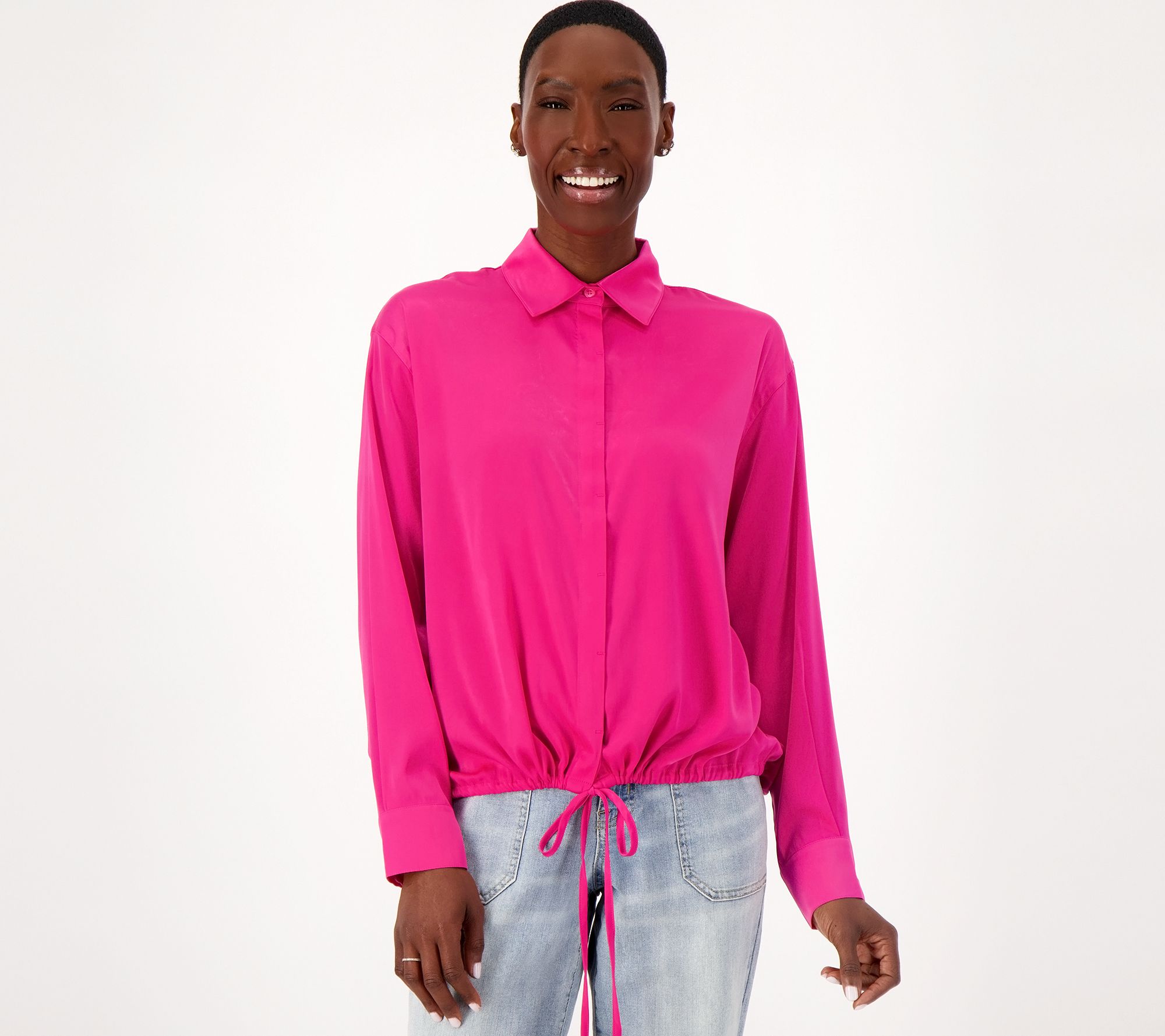 "As Is" Attitudes by Renee Silky Satin Shirred Drape Shirt