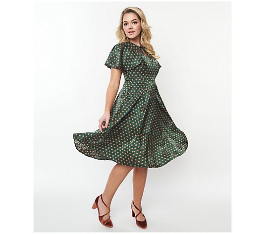 Unique Vintage Hunter Green & Rust Polka Dot Swing Dress