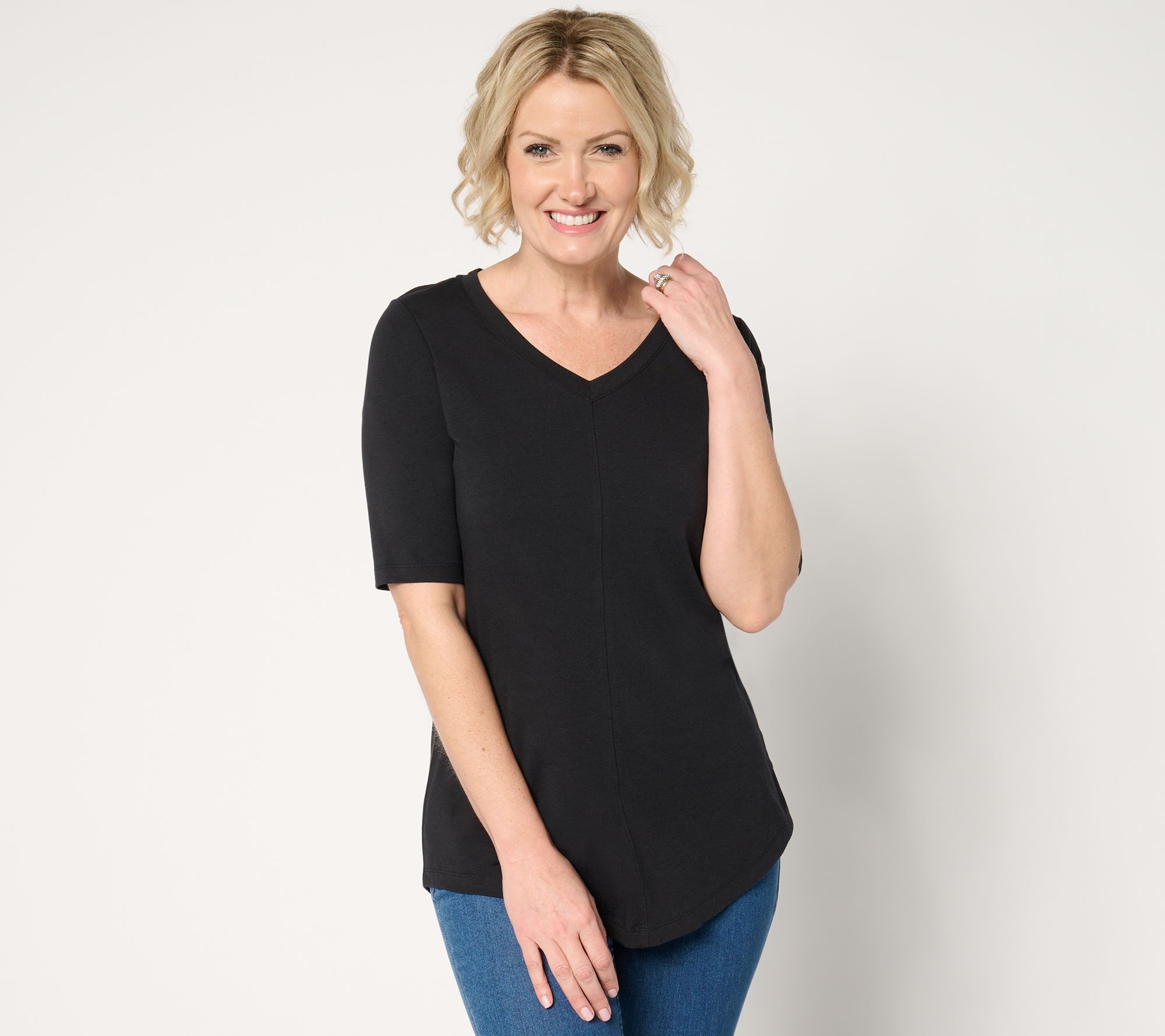 Denim & Co. Essentials Pet Favorite Jersey Elbow Sleeve V-Neck Tunic