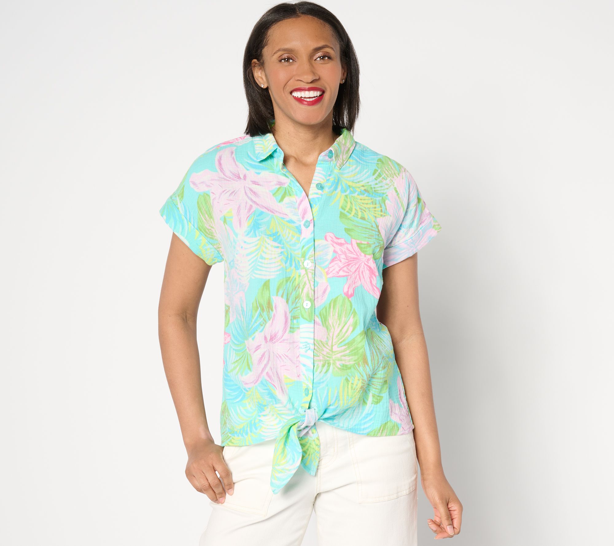 Belle Beach by Kim Gravel Gauze Let's Get Tropical Tie Front Shirt