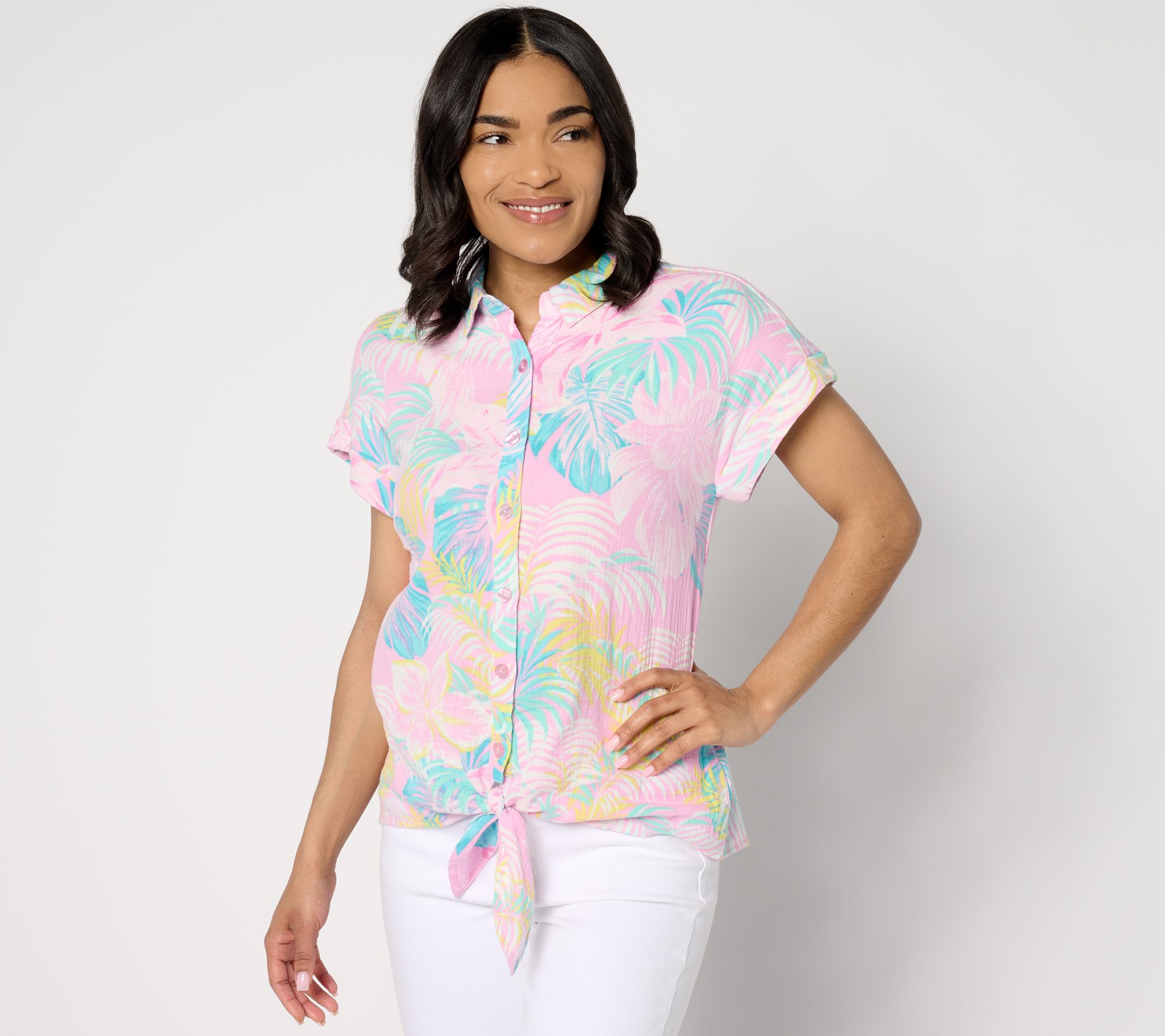 Belle Beach by Kim Gravel Gauze Let's Get Tropical Tie Front Shirt