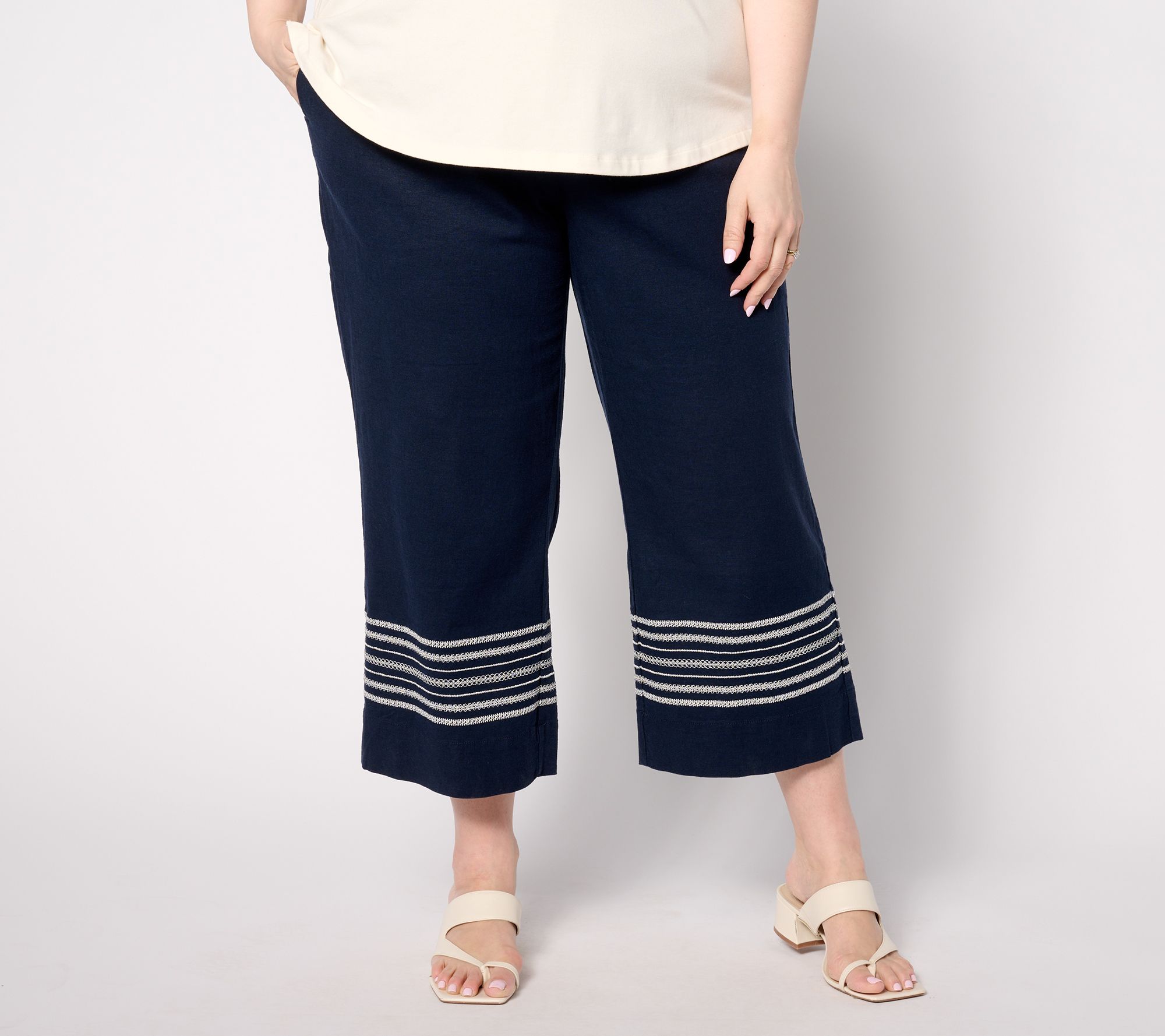 "As Is" Joan Rivers Petite Stretch Novelty LinenCrop Pants with Embroidery