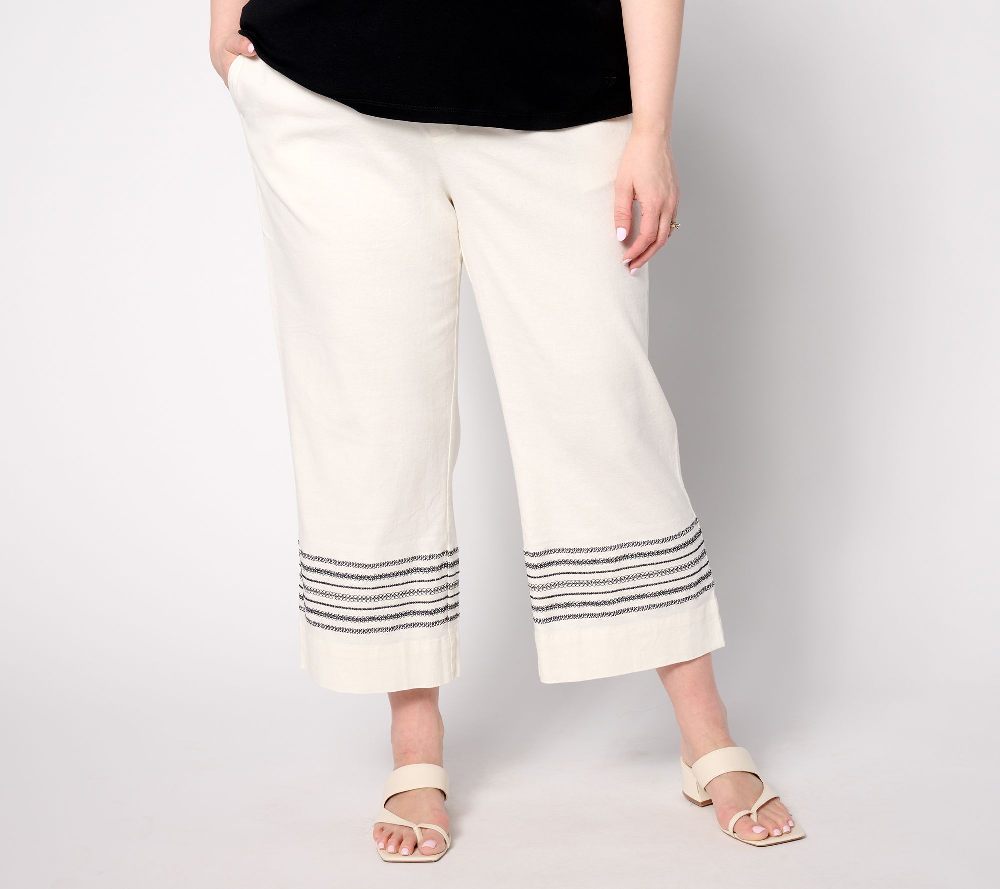 Joan Rivers Petite Stretch Novelty Linen Crop Pants with Embroidery