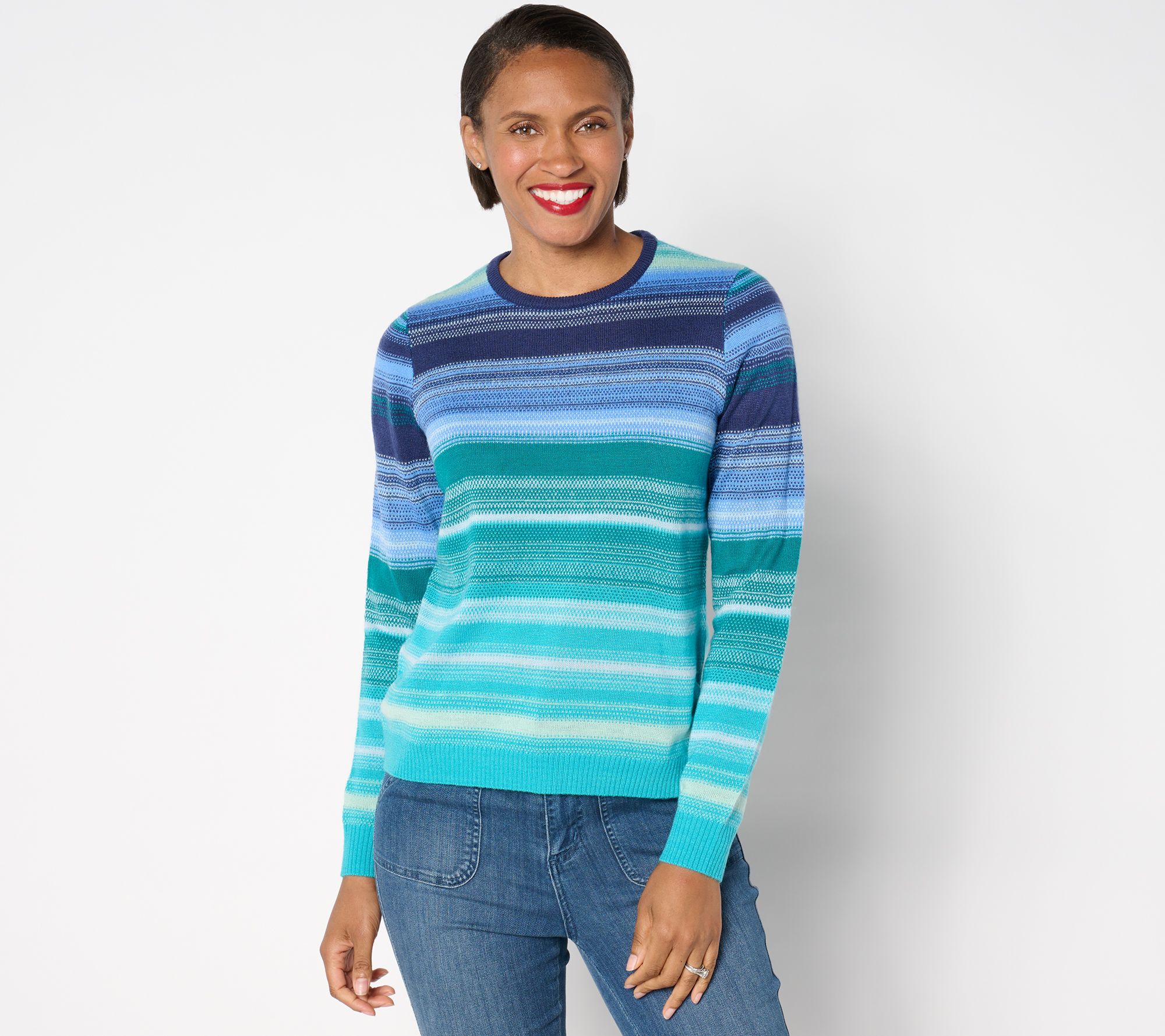 Isaac Mizrahi Live! Jacquard Stripe Pullover Long Sleeve Sweater