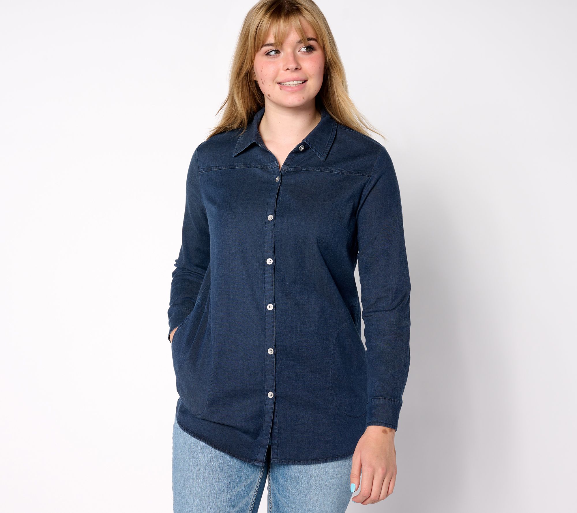"As Is" Denim & Co. Stretch Chambray Tunic with Side Pockets