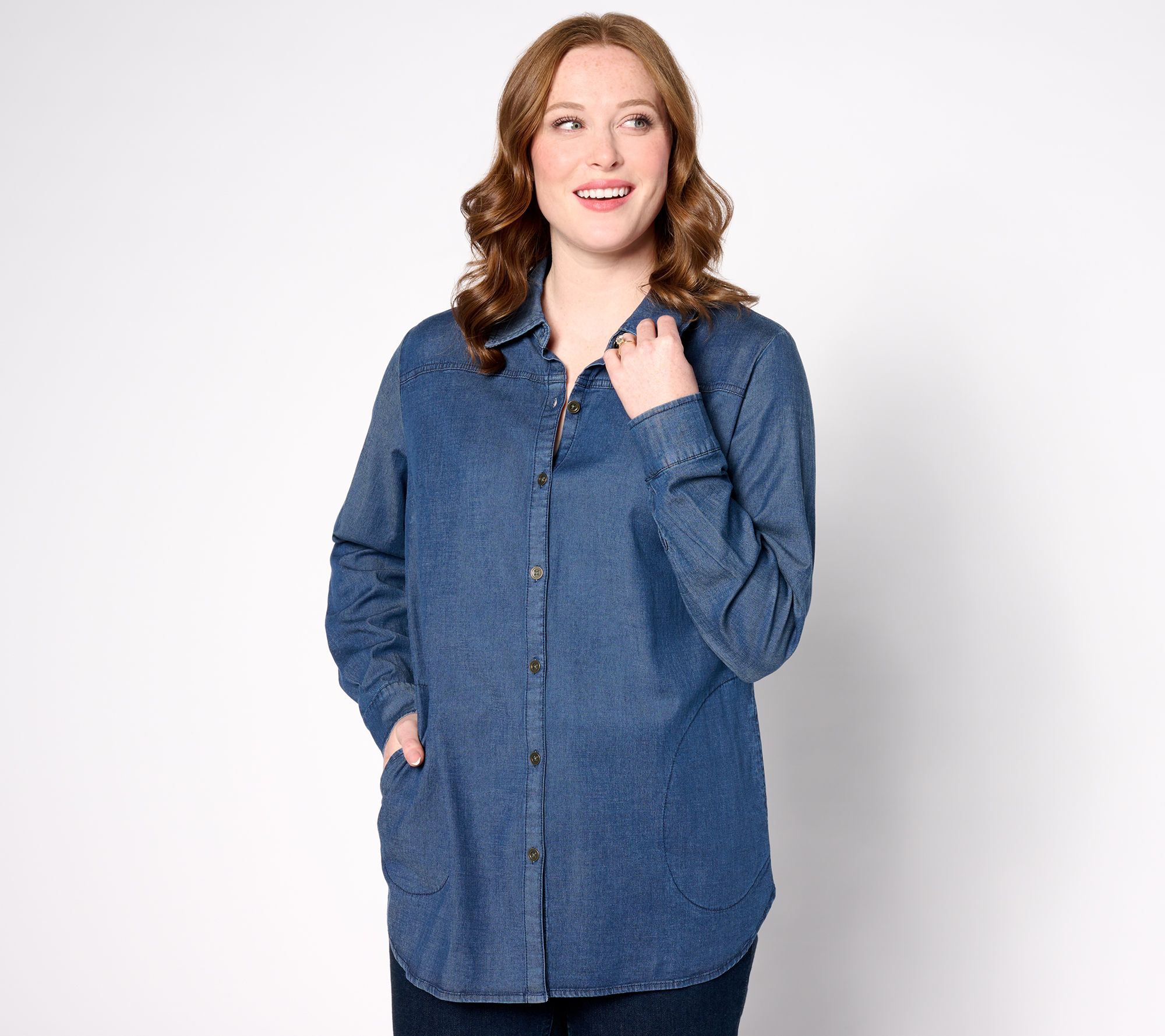 "As Is" Denim & Co. Stretch Chambray Tunic with Side Pockets