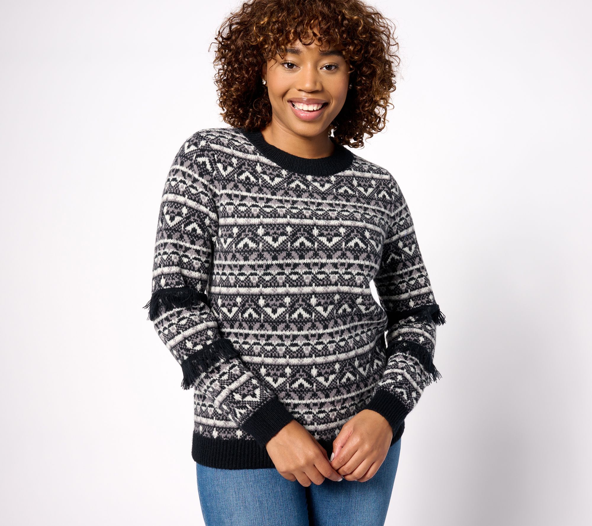 "As Is" Susan Graver Intarsia Sweater with Fringe Detail