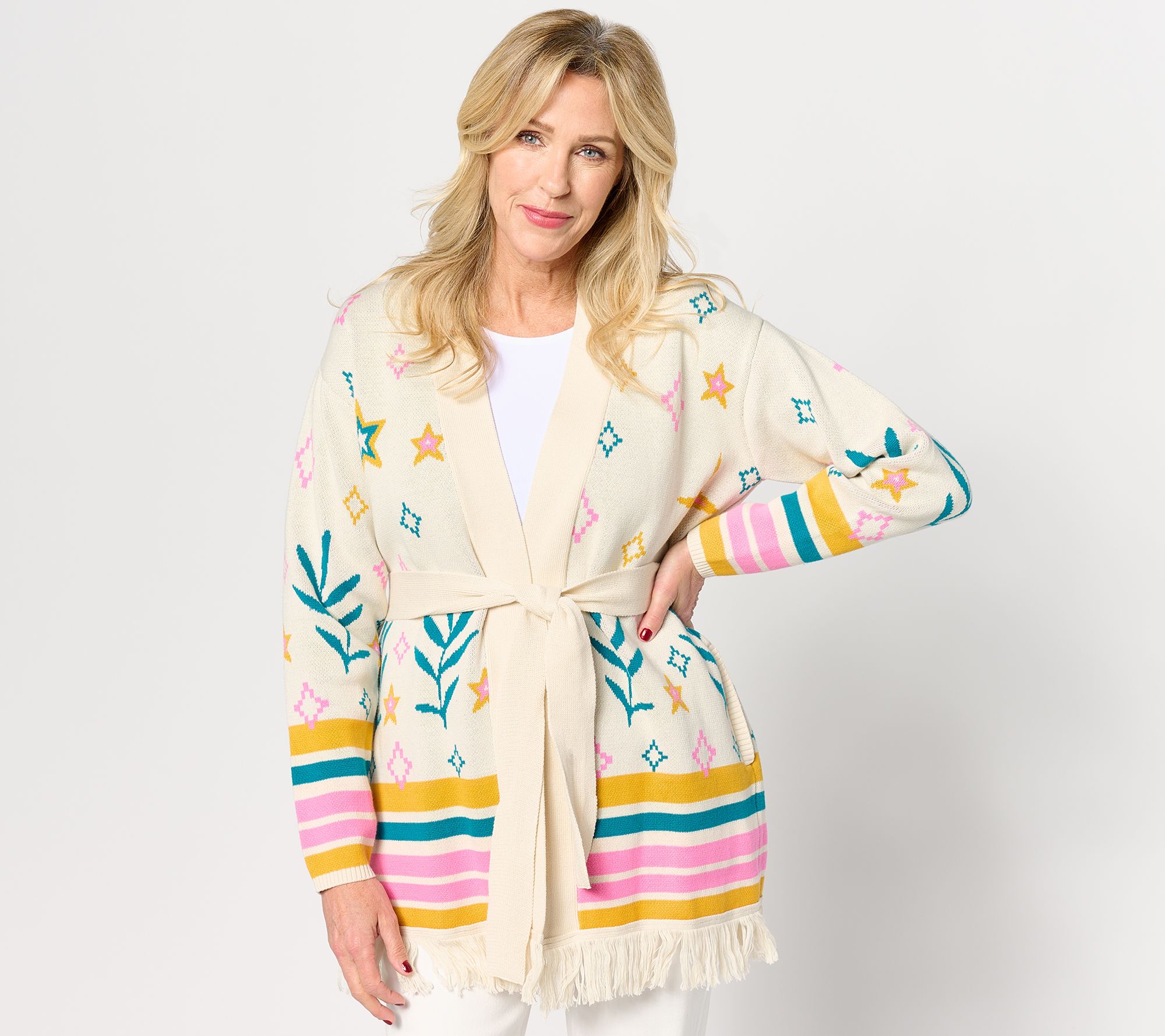 "As Is" Denim & Co. Canyon Retreat Wrap Front Fringe Sweater