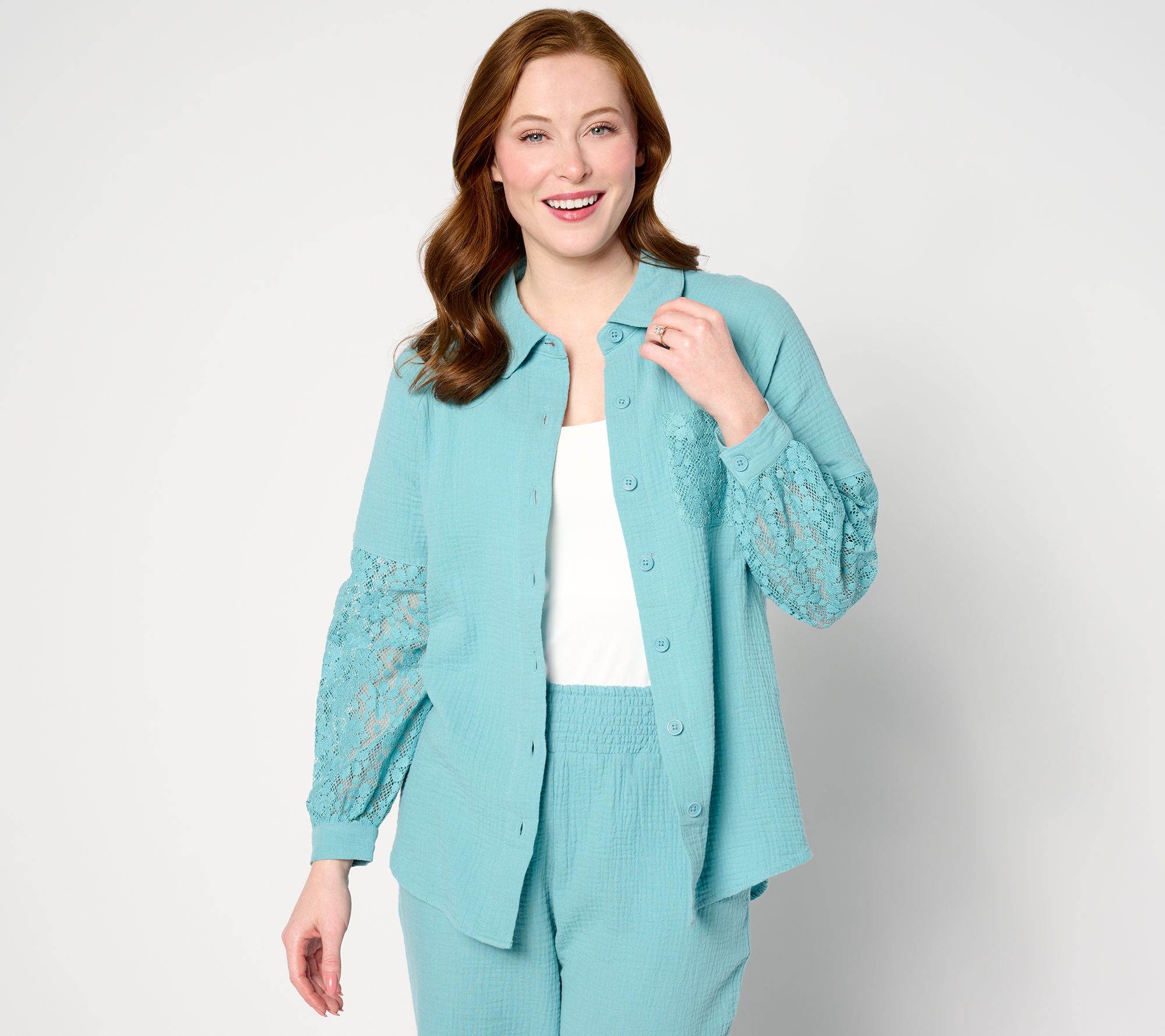"As Is" Isaac Mizrahi Live! Bridgehampton Gauze Shirt w/ Crochet Sleeves
