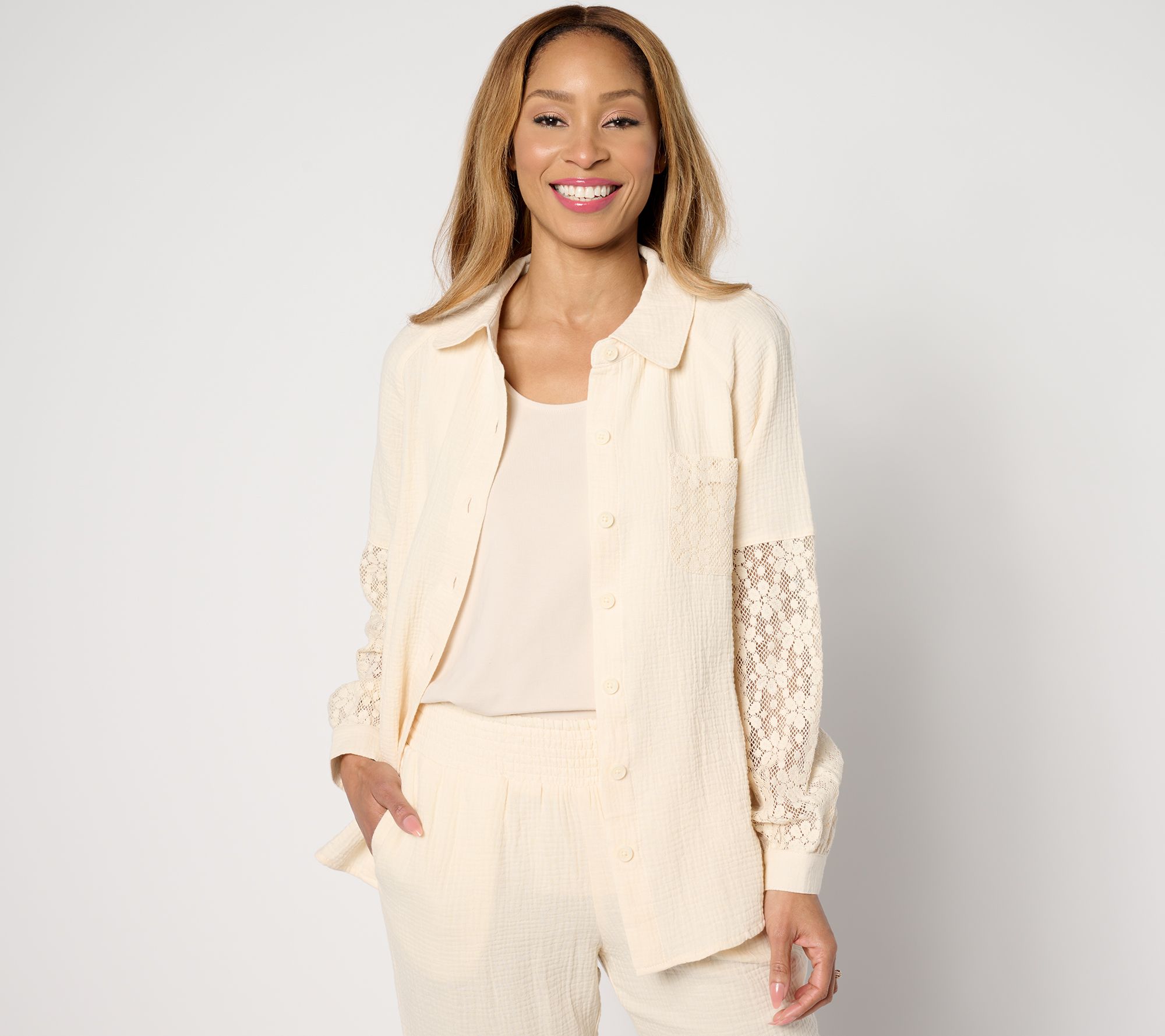 "As Is" Isaac Mizrahi Live! Bridgehampton Gauze Shirt w/ Crochet Sleeves