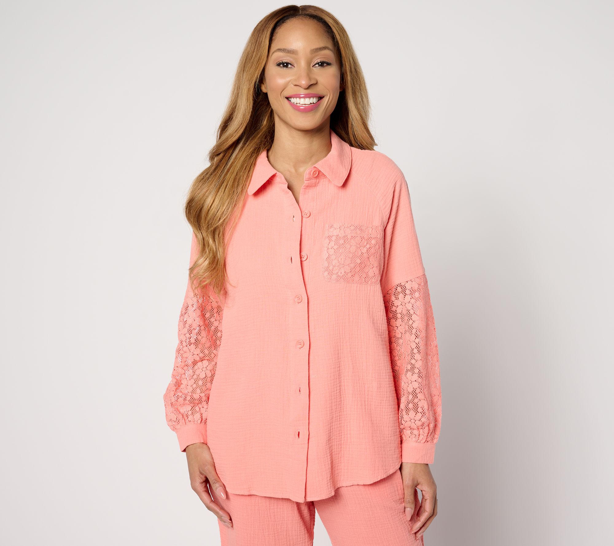 "As Is" Isaac Mizrahi Live! Bridgehampton Gauze Shirt w/ Crochet Sleeves