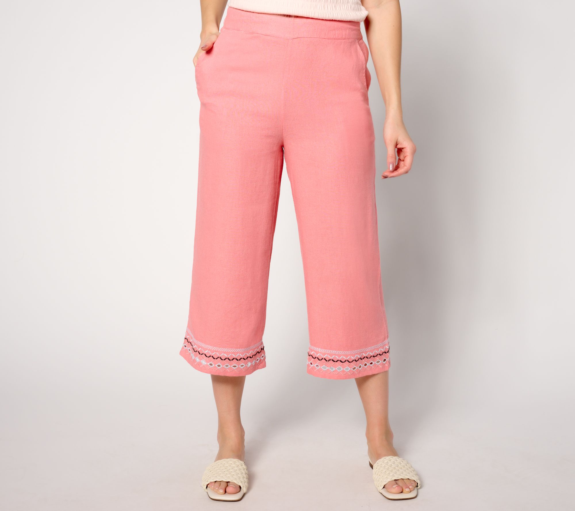 "As Is" Denim & Co. Naturals Reg Linen Blend Embroidered Capri Pant