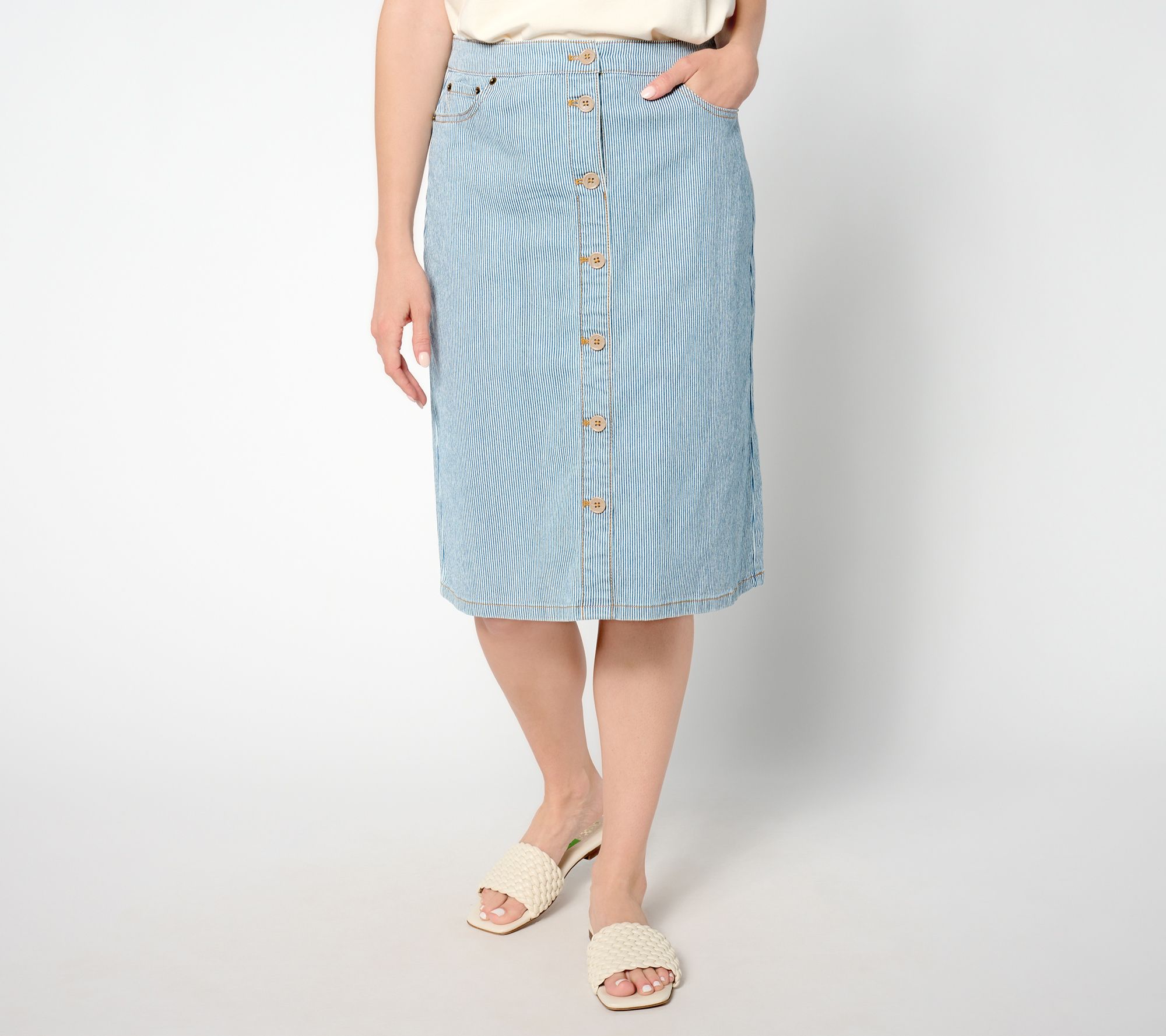 "As Is" Denim & Co. Regular Button Front Striped Denim Midi Skirt