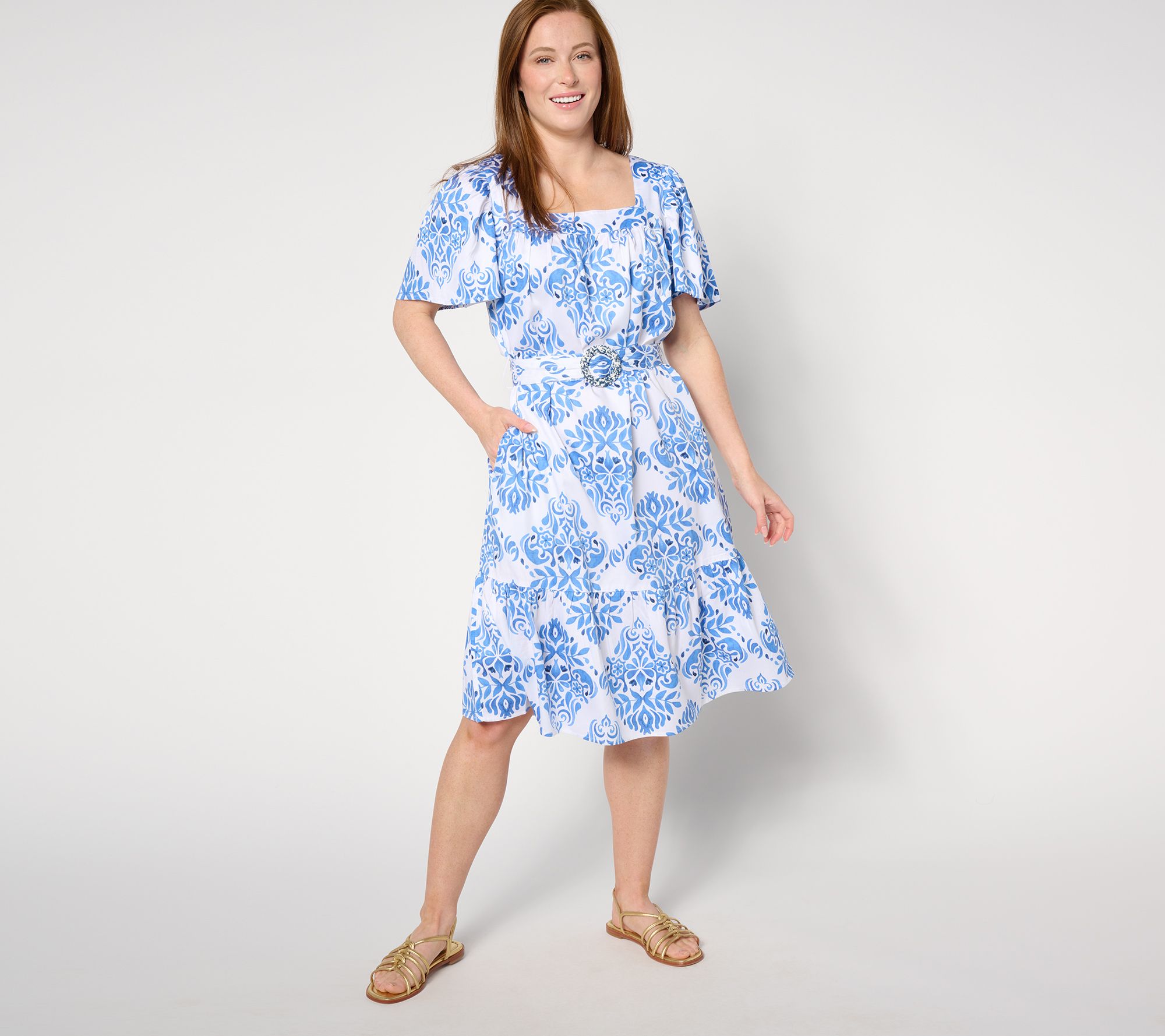 "As Is" Destination 365 Petite Printed Flutter Sleeve Self Belt Dress